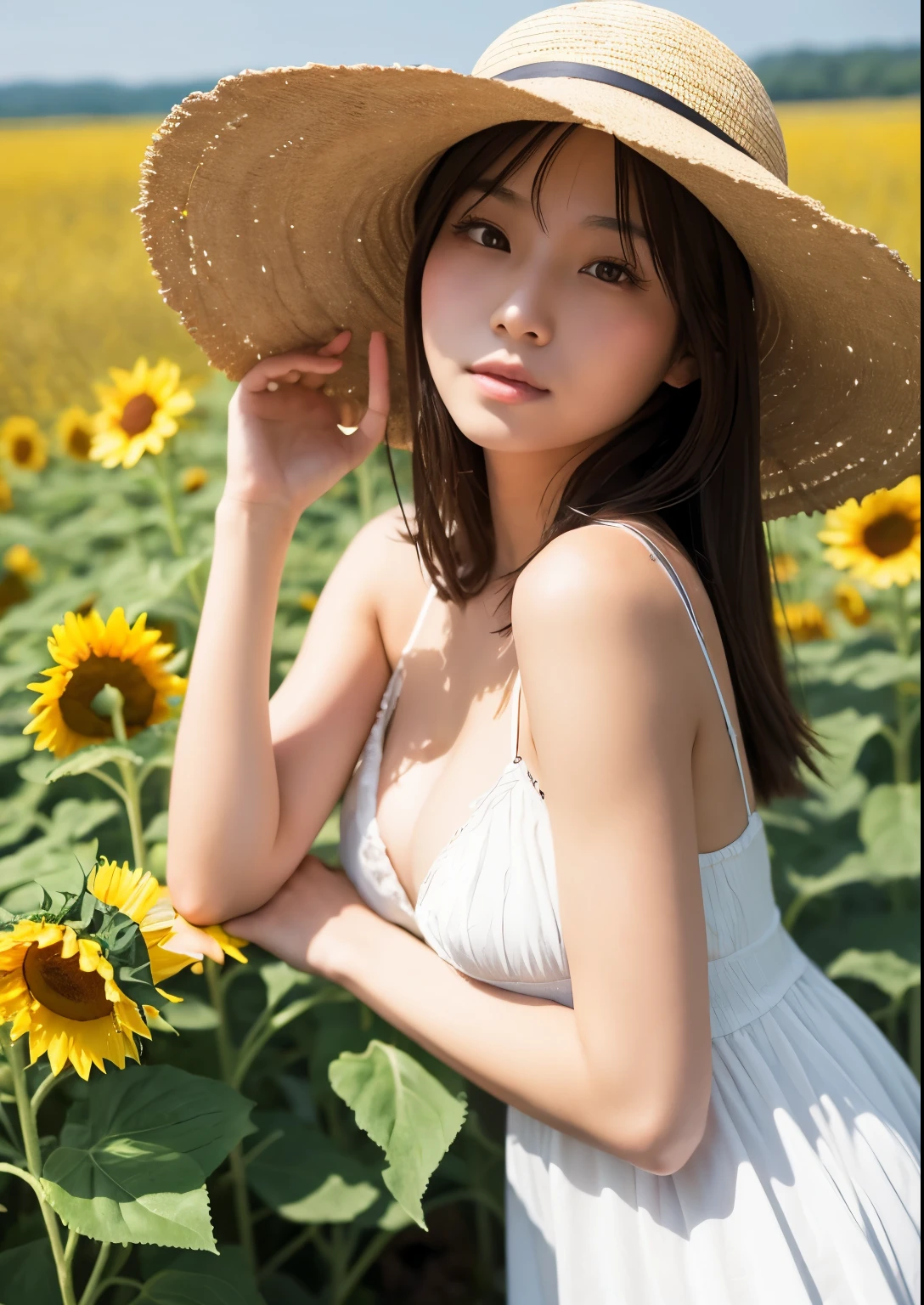 (((topless))), ,(1若い女の子Very detailed美しい顔), (((Natural Makeup))),Great face and great quality:1.4), (Ultra-detailed), (Very detailed CG 統合 8k 壁紙), Very detailed,21 years old, High resolution raw color photos, Professional photography, Realistic portraits, Great face and eyes, Brown eyes,(((Straight medium brown hair))), model, Depth of written boundary,,sit,smile,(((topless))),(((Quite small breasts))),(Small blue shorts),(((Graceful pose))),,Sunflower field,