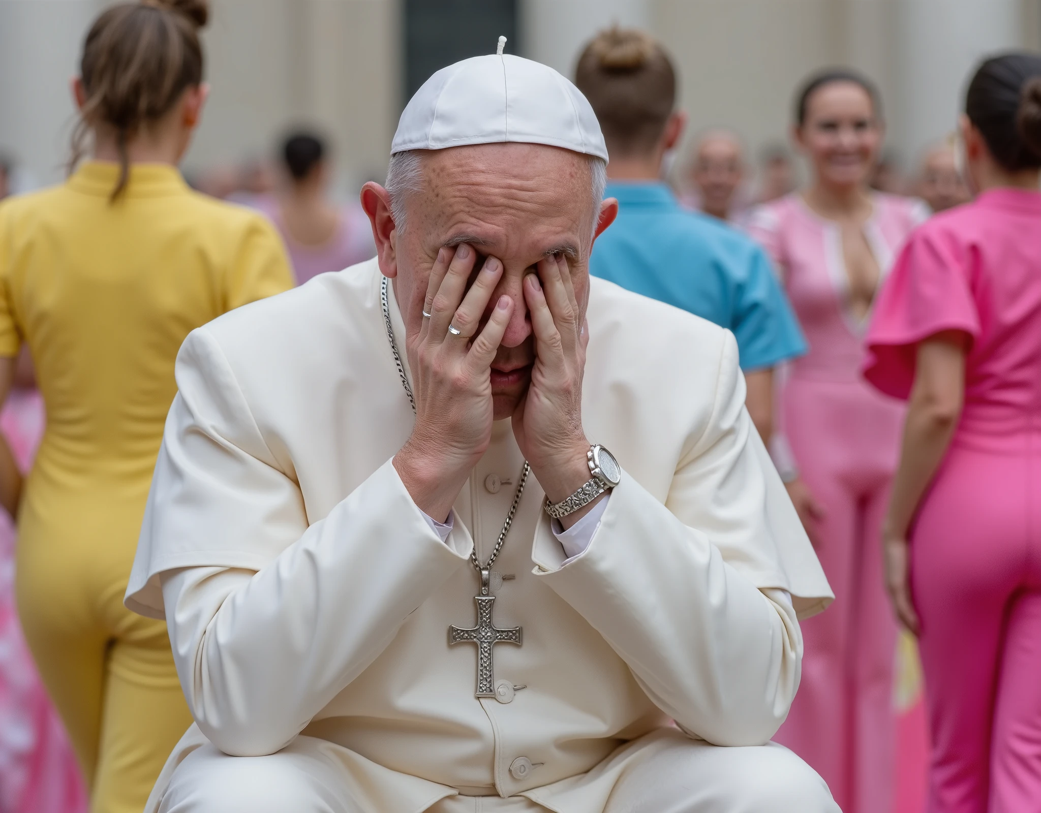 ((High definition, Masterpiece, 8k, Digital Photography, Digital Art)), ((Natural illumination)), Contrast, white illumination, (( Pope Francis distressed with his hands in his face in desperation watches a group of colorful drag queens dancing and showing off their butts)), colorful clothes with pink feathers , blu, yellow , The Pope sitting in the papal chair , papal silver cross necklace. photorealistic scene , popefluxlora. Wide angle. afar full body view