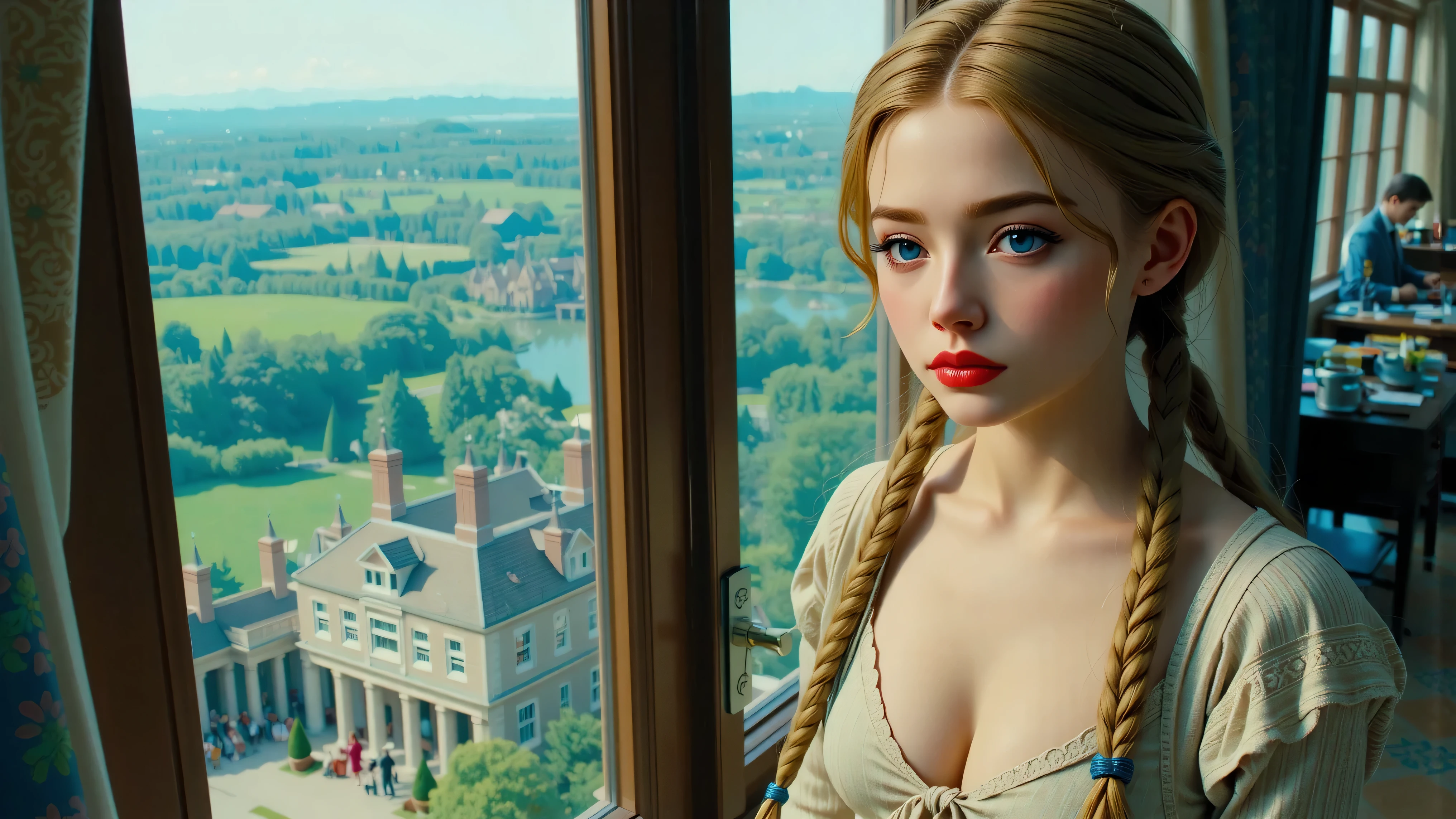 Masterpiece, Hi-detailed, best quality, 8K, (realistic), (Middle ages), ((single girl, solo, only one girl)), (cowboy shot), (close up), standing, ((servant girl)), (slave girl), ((loli)), ((makeup)), ((long eyelashes, mascara, eyeliner)), ((girl standing looking out of the window)), ((welcoming you home, excited for you)), (wanting to embrace you), ((cute, young, yr)), (tall and lanky), (Skinny), (thin frame), (fit, body), (feminine body), (small braids in her hair), (small breasts, round breasts), ((peasant clothes)), ((extremely revealing)), cleavage, beautiful, perfect face, perfect body, large eyes, blue eyes, standing looking at a beautiful vista, Middle Ages, Fantasy,