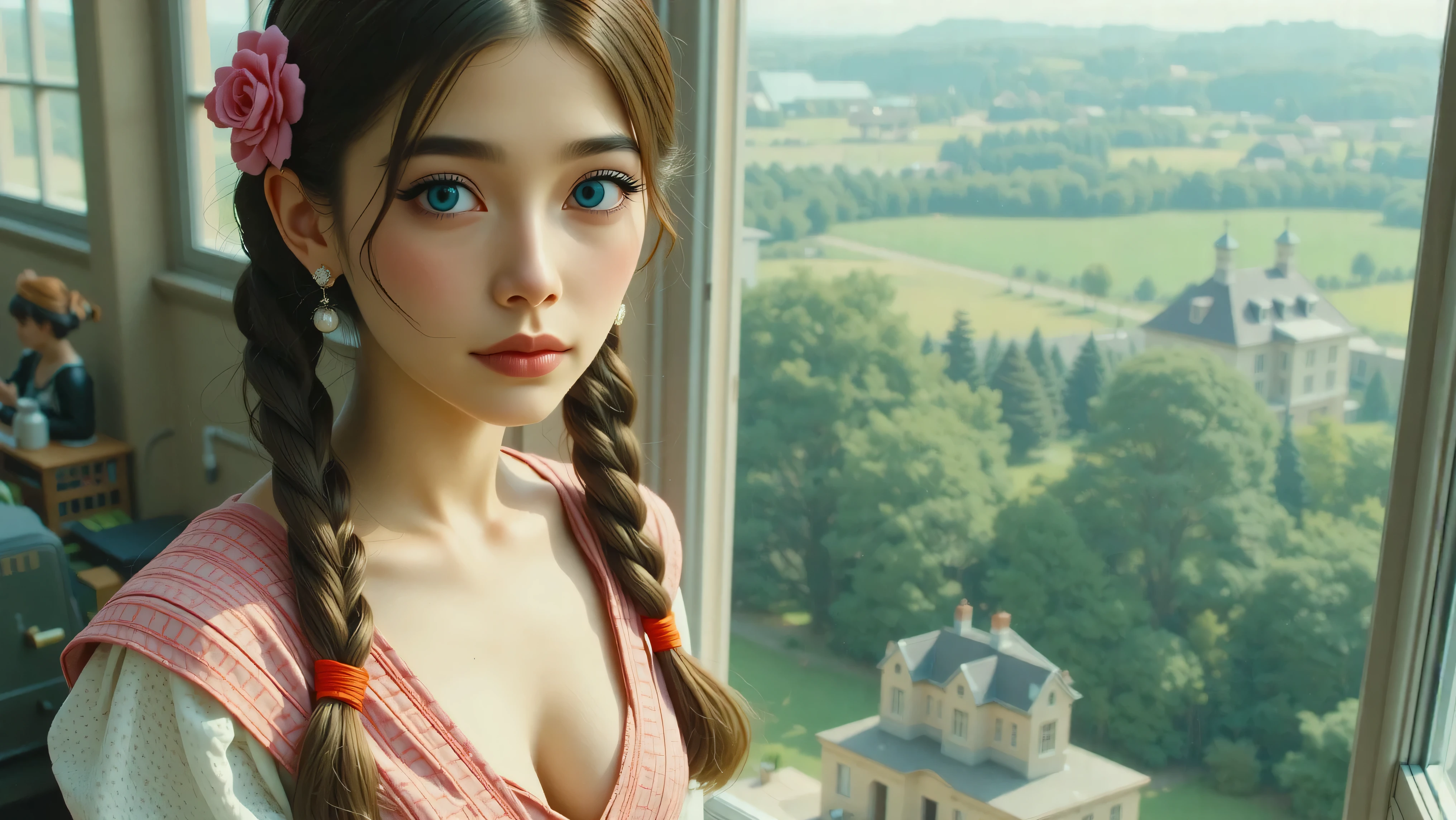 Masterpiece, Hi-detailed, best quality, 8K, (realistic), (Middle ages), ((single girl, solo, only one girl)), (cowboy shot), (close up), standing, ((servant girl)), (slave girl), ((loli)), ((makeup)), ((long eyelashes, mascara, eyeliner)), ((girl standing looking out of the window)), ((welcoming you home, excited for you)), (wanting to embrace you), ((cute, young, yr)), (tall and lanky), (Skinny), (thin frame), (fit, body), (feminine body), (small braids in her hair), (small breasts, round breasts), ((peasant clothes)), ((extremely revealing)), cleavage, beautiful, perfect face, perfect body, large eyes, blue eyes, standing looking at a beautiful vista, Middle Ages, Fantasy,