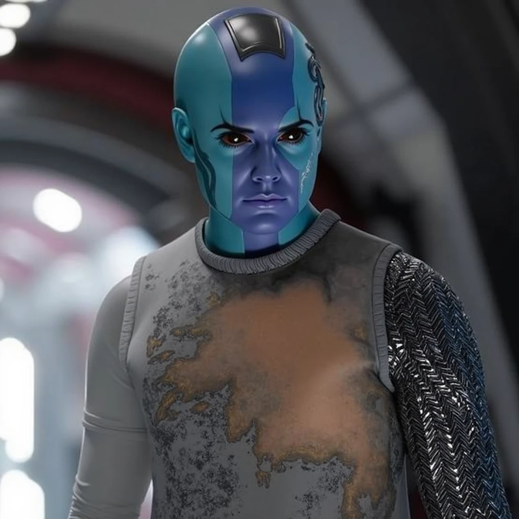 bolian man, blue skin, face scar, bald, stripes, swimming trunks, facing the camera,    