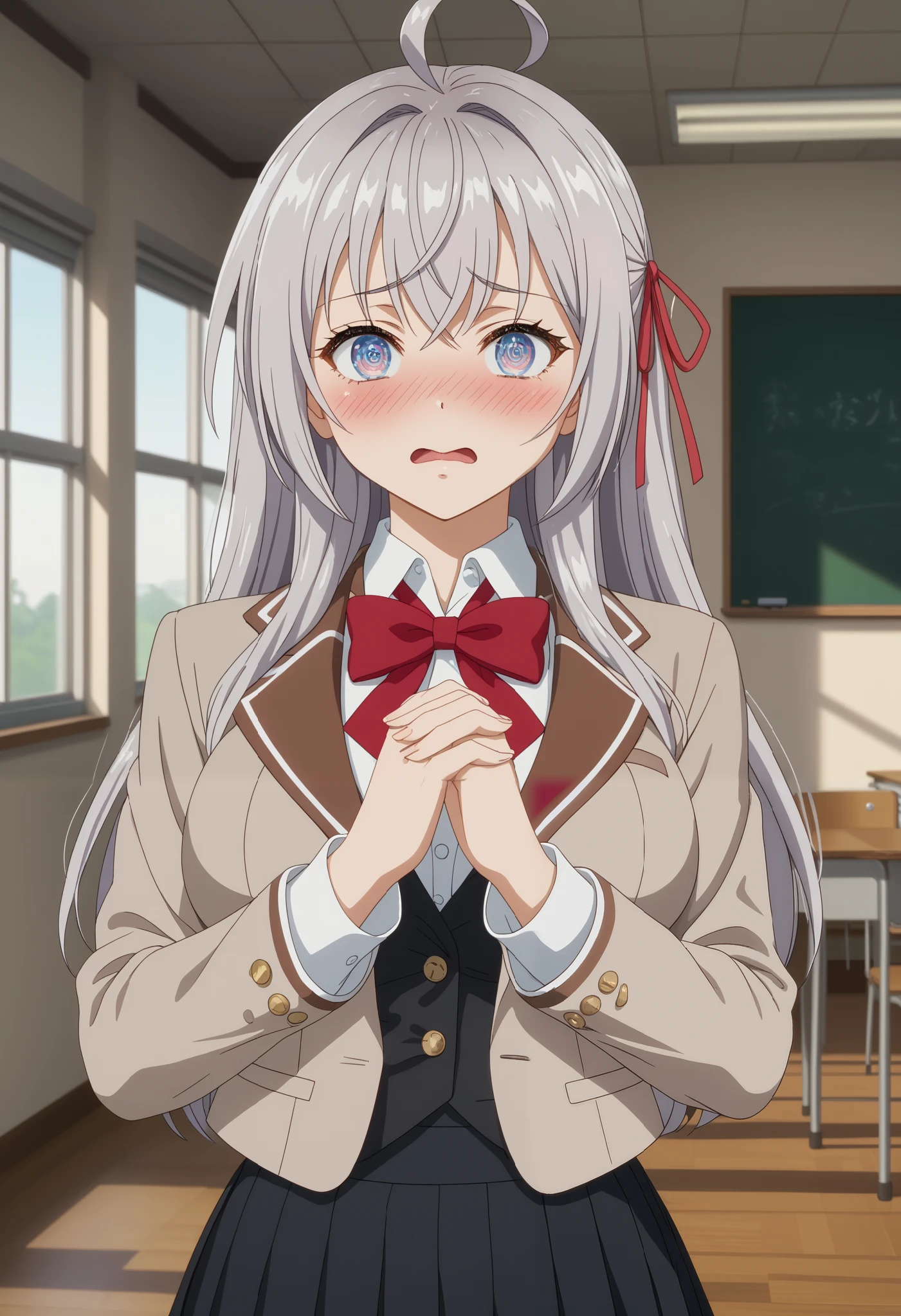 score_9, score_8_up, score_7_up, anime screencap, source_anime, blurred background, detailed close-up, extremely detailed eyes, 1girl, BREAK alisamikhailovnakujou, alisamikhailovnakujou, 1girl,
long hair, gray hair, ahoge, crossed bangs, blue eyes, hair ribbon, red ribbon, milky white complexion, pale skin,
AlyaSchool, short jacket, open jacket, brown jacket, red bow tie, white shirt, black vest, buttons, long sleeves, pleated skirt, black skirt, thick thighs, white thighs,
thigh gap, blushing, embarrassed, blushing, shy, squiggly mouth, blushing, blushing, excited, agitated,
indoors, upper body, looking at viewer, standing, looking to side, cowboy shot, arms in v, own hands together, classroom, sunset, indoors, (Beautiful and big breasts: 1.2), natural breasts ,