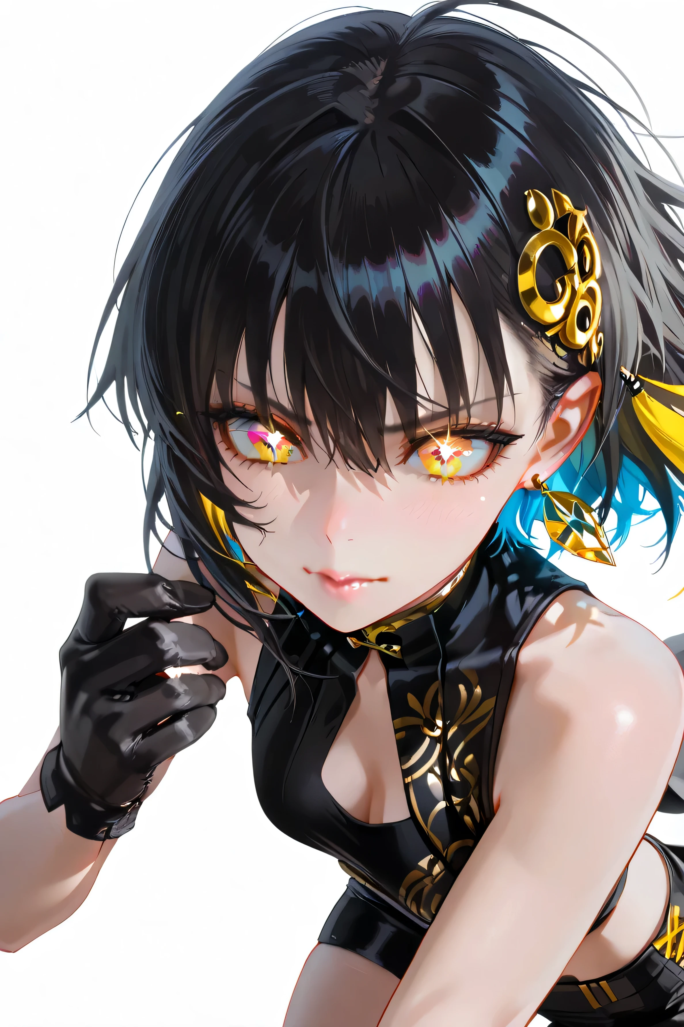 EyesHD:1.2), masterpiece, best quality, ultra-detailed, very aesthetic, sharp focus, yellow eyes, black hair, newest, intricate details, Beautiful face, amazing, soft, colorful, yellow eyes,black hair, earrings, sleeveless, gloves, shorts, Sparkling eyes, Glowing eyes, High-definition eyes, Ultra HD eyes, Super HD eyes, Hyper-realistic eyes, Crystal-clear eyes, (beautiful detailed eyes), Textured eyes, Defined eyes, Colorful eyes, Bright eyes, Stylistic eyes, stunning eyes, Cinematic eyes, black clothes, showing off her cleavage , white background, sexy pose
