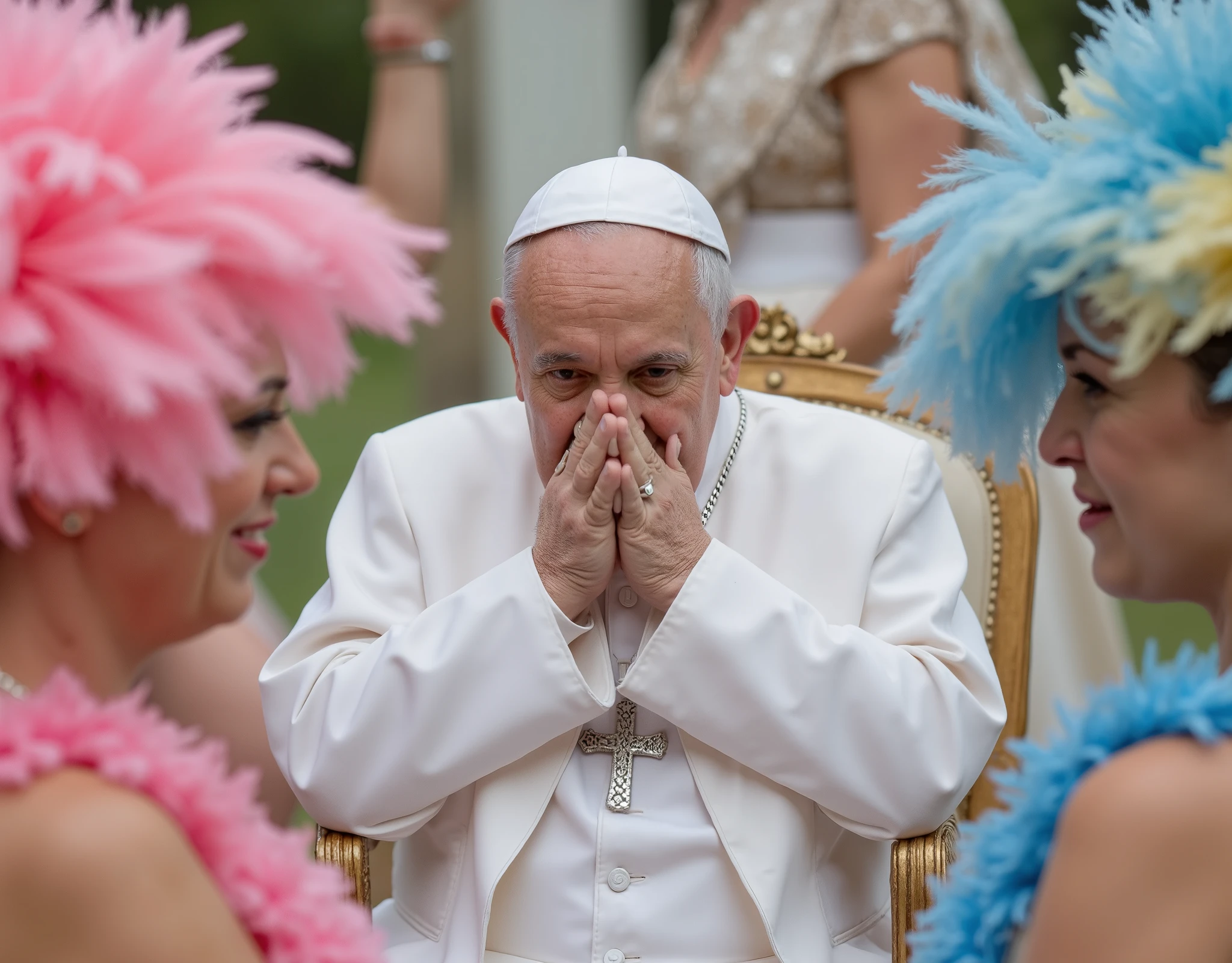 ((High definition, Masterpiece, 8k, Digital Photography, Digital Art)), ((Natural illumination)), contrast, white illumination, ((Pope Francis angosciato con le mani in faccia per la disperazione guarda un gruppo di colorate drag queen che ballano e mettono in mostra il sedere)), vestiti colorati con piume /(rosa, blu, gialle)/, Il papa seduto sulla sedia papale, papal silver cross necklace. photorealistic scene, popefluxlora. Wide angle. afar full body view. ((dancing ballerinas in foreground dressing colorful feathers dresses:1.8)).