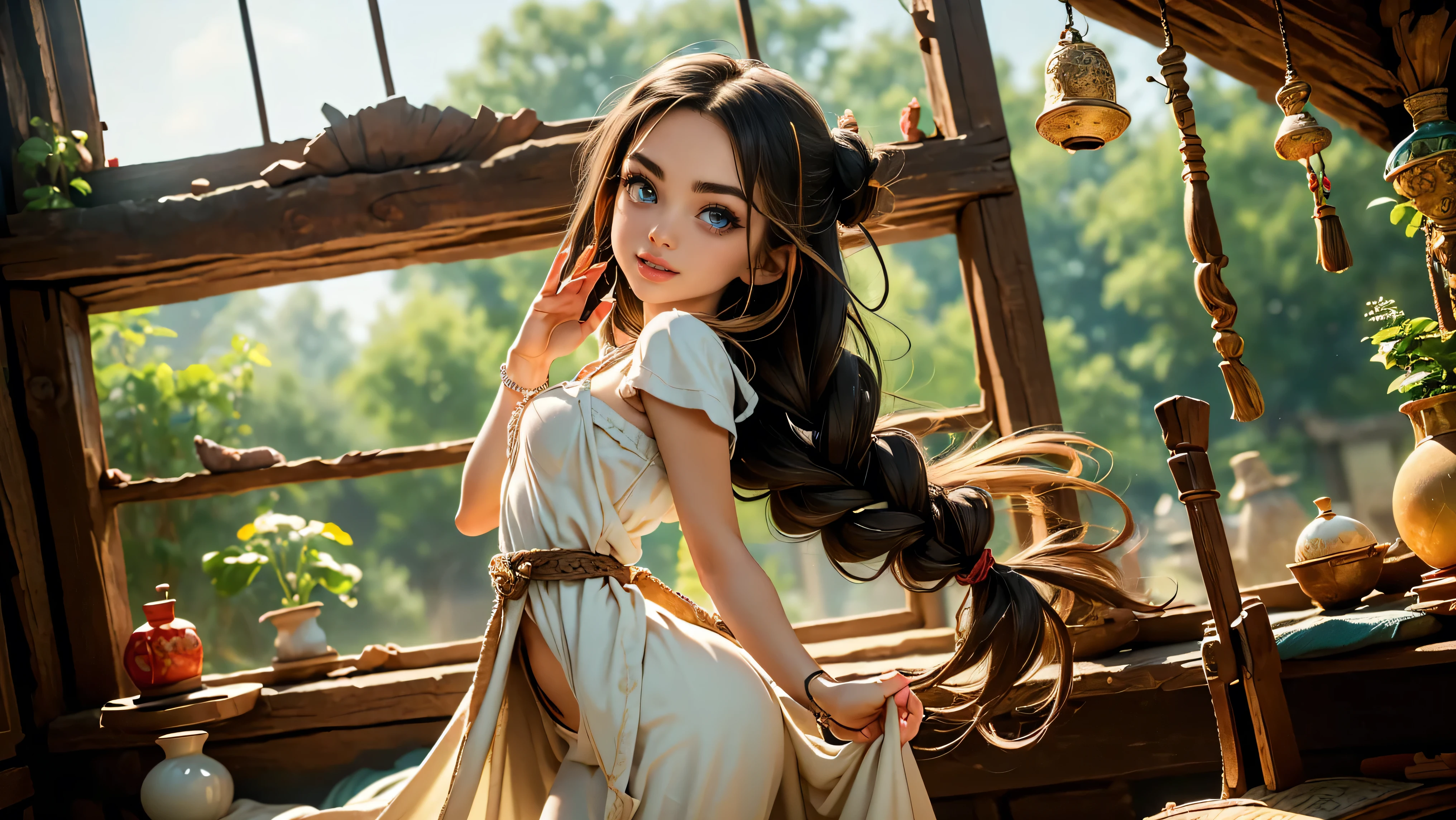 Masterpiece, Hi-detailed, best quality, 8K, (realistic), (Middle ages), ((single girl, solo, only one girl)), (cowboy shot), (close up), standing, ((servant girl)), (slave girl), ((loli)), ((makeup)), ((long eyelashes, mascara, eyeliner)), ((girl standing looking out of the window)), ((welcoming you home, excited for you)), (wanting to embrace you), ((cute, young, yr)), (tall and lanky), (Skinny), (thin frame), (fit, body), (feminine body), (small braids in her hair), (small breasts, round breasts), ((peasant clothes)), ((extremely revealing)), cleavage, beautiful, perfect face, perfect body, large eyes, blue eyes, standing looking at a beautiful vista, Middle Ages, Fantasy,