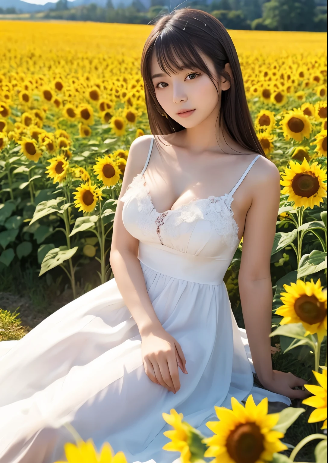 high resolution(((Ultra-high resolution　8K Real)))One Japanese woman((Japanese girl in her twenties　very cute　Idol))Straw hat(((大きなStraw hat　A little torn　There is a black ribbon)))）Brown Hair（Swaying in the wind）Big Breasts(((Very large breasts　Cleavage Emphasis)))Tight white t-shirt((Bodyline　Breast contour))Blue denim hot pants((Short　裾がA little torn))（White skin（Transparent white skin　Moderate flesh）Sunflower field((Sunlight is strong))