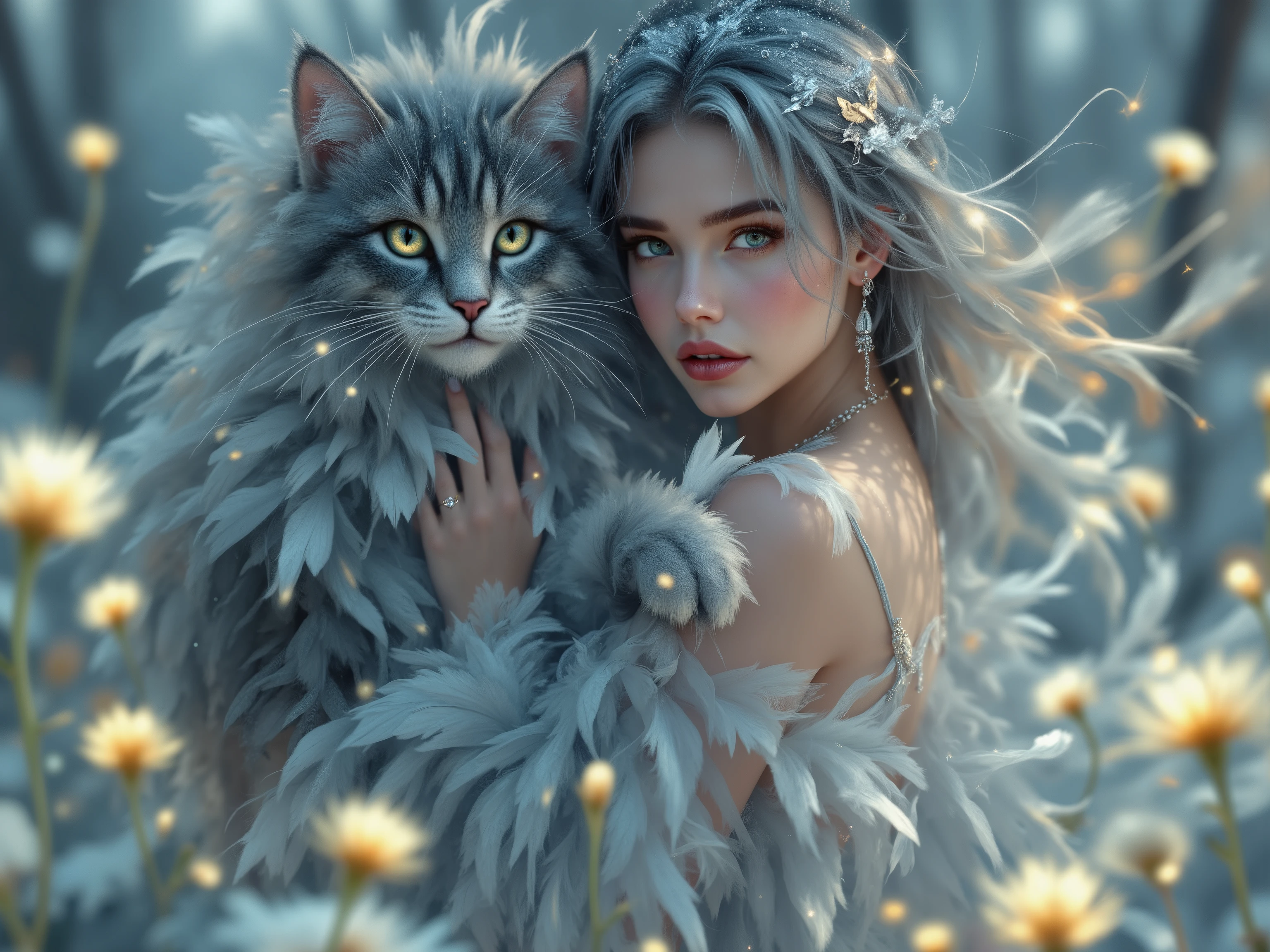 beautiful woman wears a dress made of frozen feathers, her hair like feathers, huge shining eyes,beautiful face frozen, she dances with a huge cat whose long fur is like frozen feathers, surrounded by snow and dandelions, in style of hyper-realistic precision, dark cyan and light amber, vibrant colorist, fragmented advertising, daz3d, color splash, hyper-detailed, raw style. octane rendering for a hyper-realistic digital painting, perfect composition adhering to the golden ratio, ultra realistic, dramatic lighting. ultra fine details, Stunningly beautiful, mysticism and magic, perfect digital painting. hot on dslr 64 megapixels sharp focus, reflections and sparkles, perfect harmonious composition. octane rendering for a hyper-realistic digital painting, perfect composition adhering to the golden ratio, dramatic lighting. breathtaking masterpiece