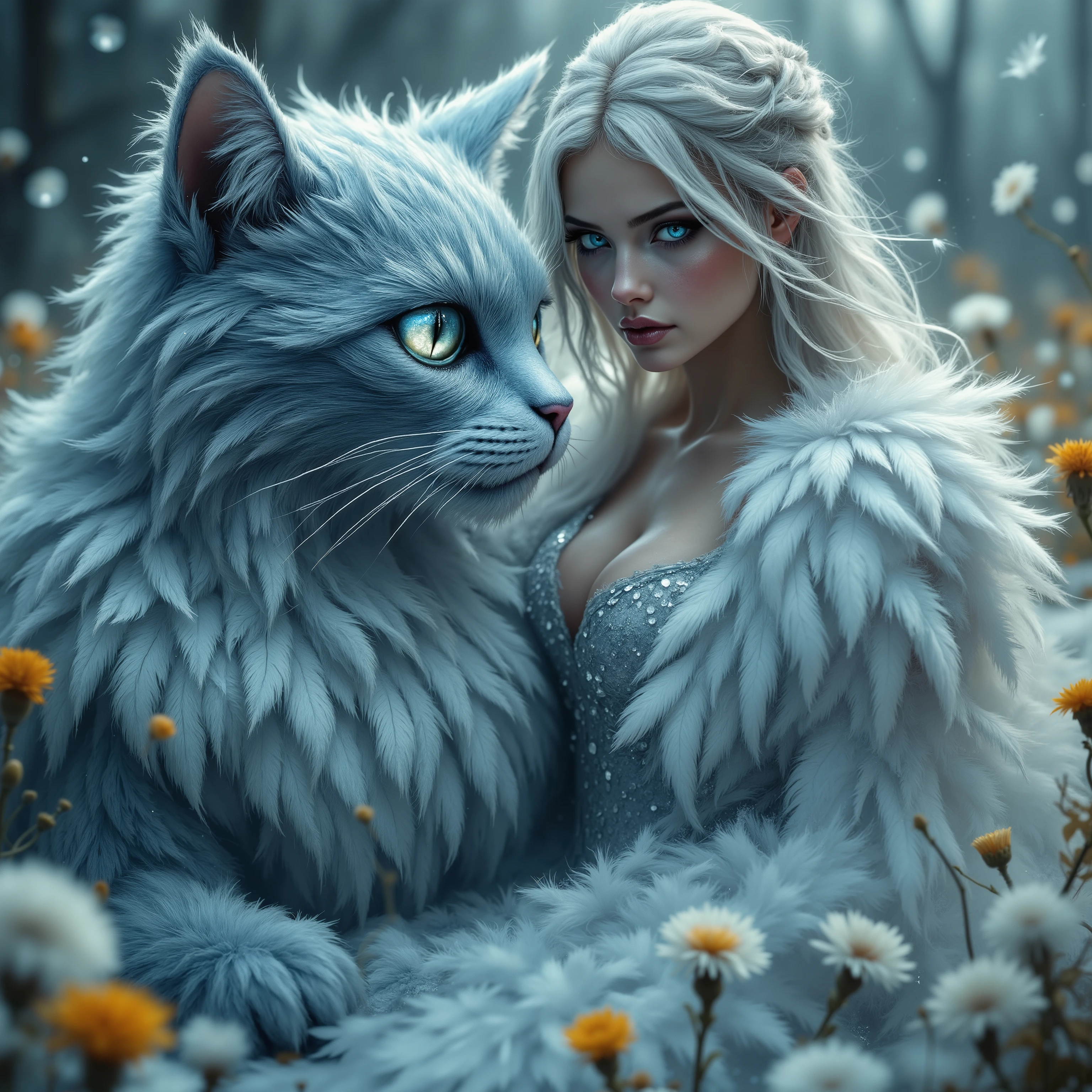 beautiful woman wears a dress made of frozen feathers, her hair like feathers, huge shining eyes, beautiful face frozen, she dances with a huge cat-like creature whose long fur is like frozen feathers, surrounded by snow and dandelions, in style of hyper-realistic precision, dark cyan and light amber, vibrant colorist, fragmented advertising, daz3d, color splash, hyper-detailed, raw style. octane rendering for a hyper-realistic digital painting, perfect composition adhering to the golden ratio, ultra realistic, dramatic lighting. ultra fine details, Stunningly beautiful, mysticism and magic, perfect digital painting. hot on dslr 64 megapixels sharp focus, reflections and sparkles, perfect harmonious composition. octane rendering for a hyper-realistic digital painting, perfect composition adhering to the golden ratio, dramatic lighting. breathtaking masterpiece