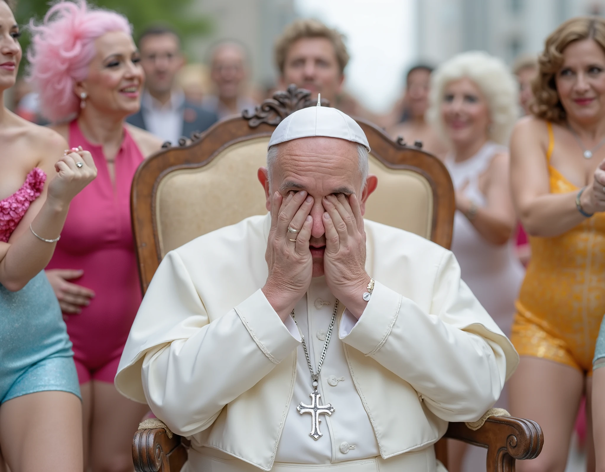 ((High definition, Masterpiece, 8k, Digital Photography, Digital Art)), ((Natural illumination)), contrast, white illumination, ((Pope Francis angosciato con le mani in faccia per la disperazione guarda un gruppo di colorate drag queen che ballano e mettono in mostra il sedere)), vestiti colorati con piume /(rosa, blu, gialle)/, Il papa seduto sulla sedia papale, papal silver cross necklace. photorealistic scene, popefluxlora. Wide angle. afar full body view. ((dancing ballerinas in foreground dressing colorful feathers dresses:1.8)).