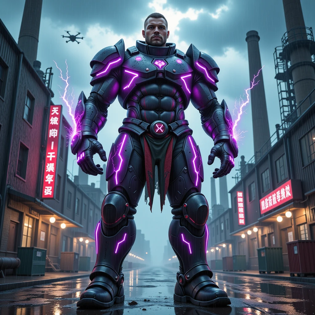 drachenlord as a very detailed cyborg, brown hair, red lighting laser eyes, cyberpunk city, fat, full body, looking at viewer, best quality, masterpiece, <lora:offset_0.2:1> contrasts <lora:DrachenlordLyc3:0.8>