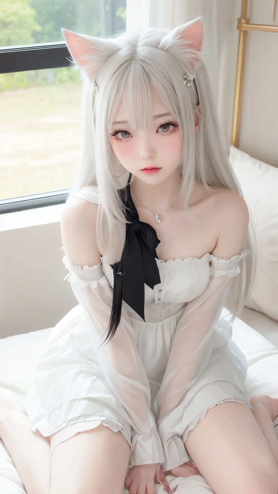 Long-haired anime girl sitting on bed, cat ears, from the girl front, cute anime waifu wearing beautiful clothes, seductive anime girl, white-haired deity, exquisite details. in dress, anime 4k