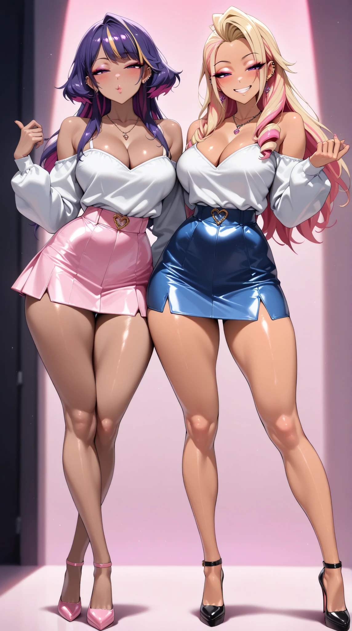 ((1 girls), solo, Big round breasts, trendy, stylish, clevage, thighs, hips, realistic, pink hair, blonde hair, light green eyes, lip gloss, detailed face, amazing big eyes, eye details, big lips, eyebrow details, pink mini skirt, crop top blush, confident, dominant, bdsm, smirk, naughty, mischevious face, HD, good quality, curvy, standing up, thick thighs, attractive, amazing body, perfect body, slim thick, indoors, pink and white outfit, bathroom sink 