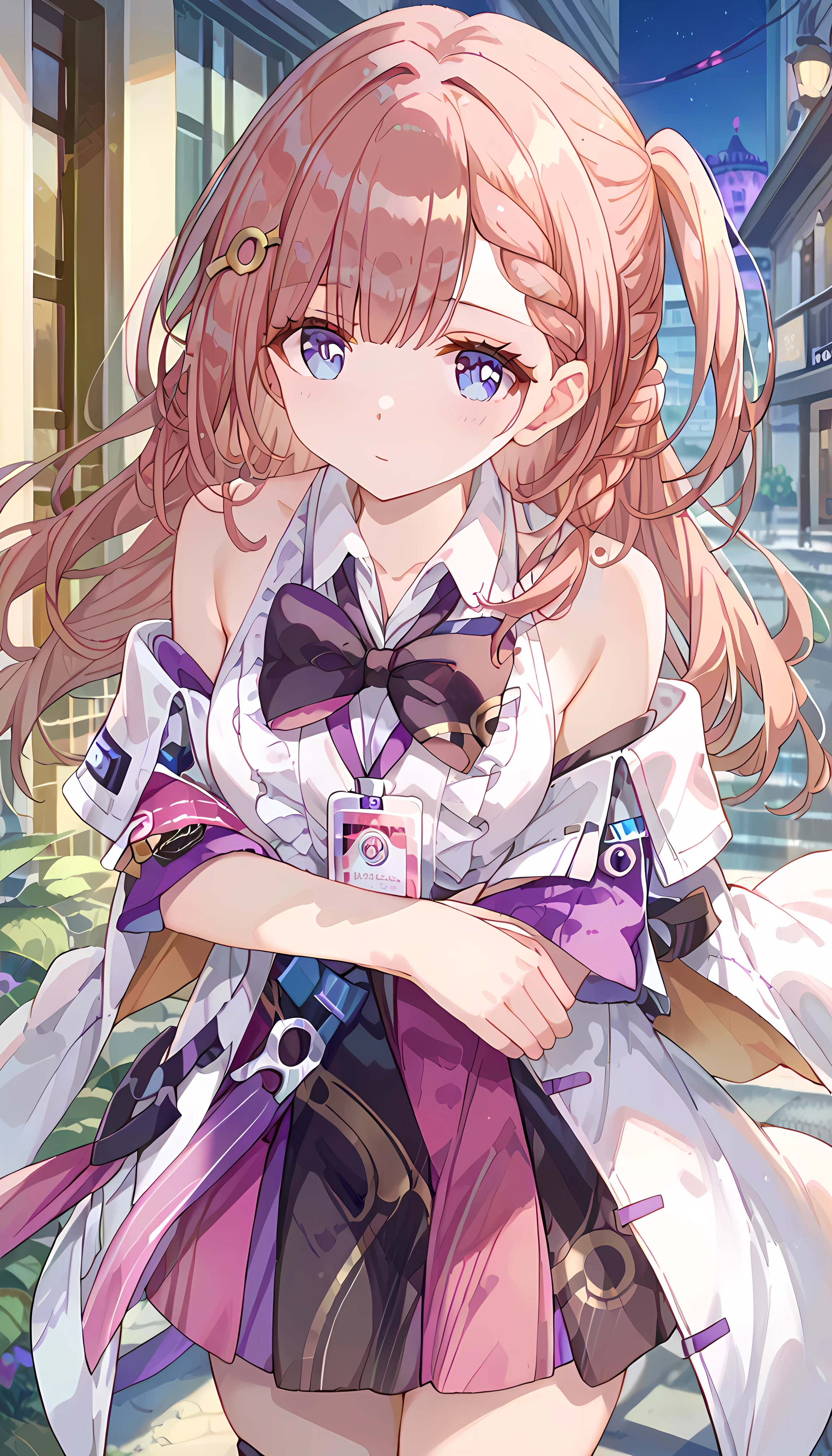  score_9, score_8_ up, score_7_ up, score_6_ up, score_5_ up, score_4_ up,
 1 girl, this,  honkai star rail  ,  long hair, one side  up, chest,  French Braid ,   hair ornament,  colored shirt ,  Sleeveless Shirt ,   detach sleeve,  bow tie,  skirt ,  Thigh Strap ,  ID card,  overcoat, 
Alone,  box,  watching viewers with the harbor at night in the background ,  outdoor ,
