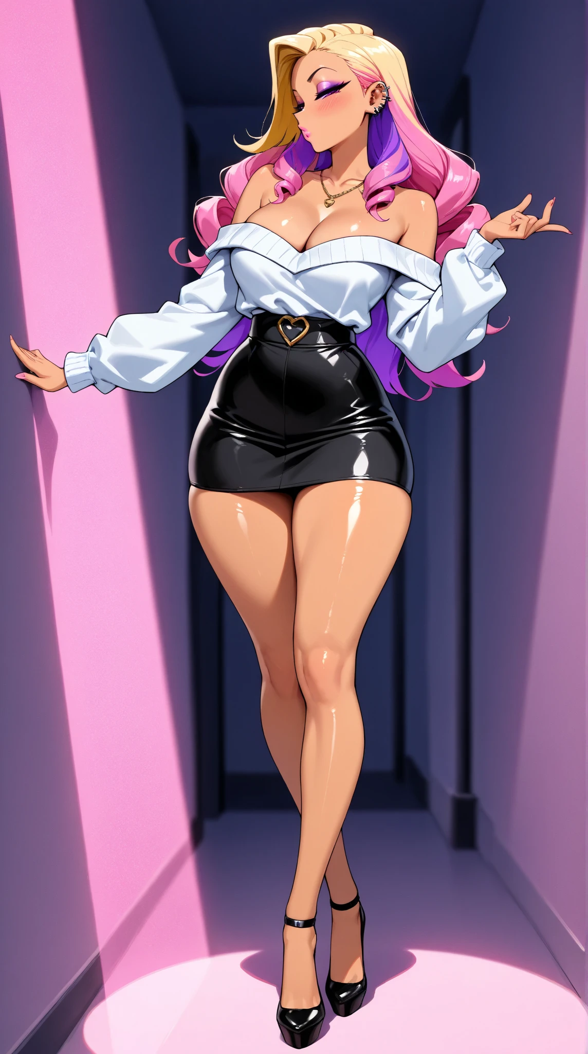 1 girl, 19 years old, Long pink hair, green eyes with slit pupils, master-piece, best quality, (patent leather trousers, White V-neck sweater, streetwear, patent leather high heel boots, cleavage), (Big , ultra gigantic , Super super big, Glamorous body), Make eye contact with the camera, front figure, looking forward, (light_Smile:1.5), (Detailed hands and fingers:1.2), (FULL BODYSHOT), thighs thighs thighs thighs、beauty legs、Bare legs