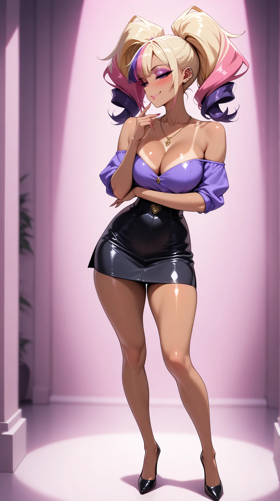 (masterpiece), best quality, expressive eyes, perfect face, front lighting, (inside dance party with light beams and crowd background), (dancing), (seductive look), (cleavage view), (1girl, milf, nico robin, latina, dark skin, short black hair with bangs, straight flat hairstyle, brown eyes, hourglass figure, thick body, curvy body, large breasts, huge breasts, oppai, large cleavage, wide hips, thick thighs), (light-purple v-neck strap dress, sleeveless, expossed cleavage, jewelry, necklace, bracelets, earrings),