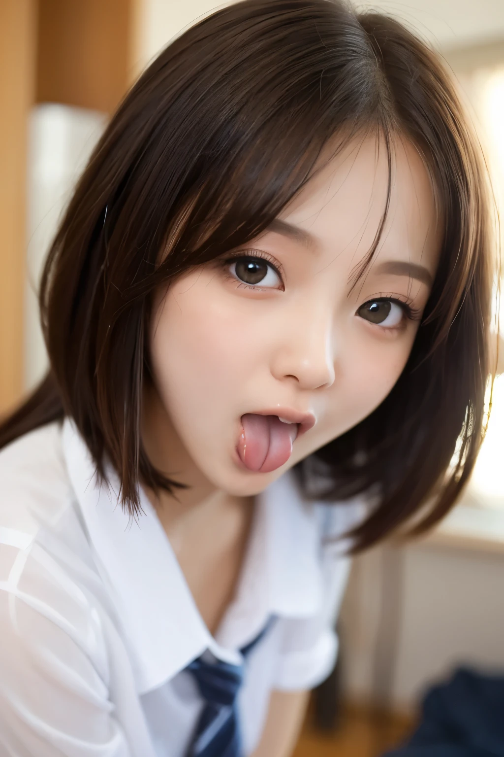 highest quality, Detailed workmanship、high resolution、(8K, High resolution:1.2)、raw photo, photorealistic、slender body shape、high definition face、Face is in focus、high definition eyes、(Focused, symmetrical pupils:1.2)、High-definition and beautiful skin、firm skin、natural makeup、gross lip, High-definition hair texture、masterpiece、japanese woman、high school girl、17 years old、very cute, very short hair break (high school uniform:1.3) break classroom、(very embarrassed:1.3), (blush:1.3), (Sad face、Watery eye:1.3)、Looking up at the camera:、wide shot, I have my mouth slightly open、(blowjob、male、sucking a big dick:1.3)、(cum on face:1.5)、I'm putting my finger on my mouth、(various shooting angles:1.3)、medium breast, nsfw, cleavage