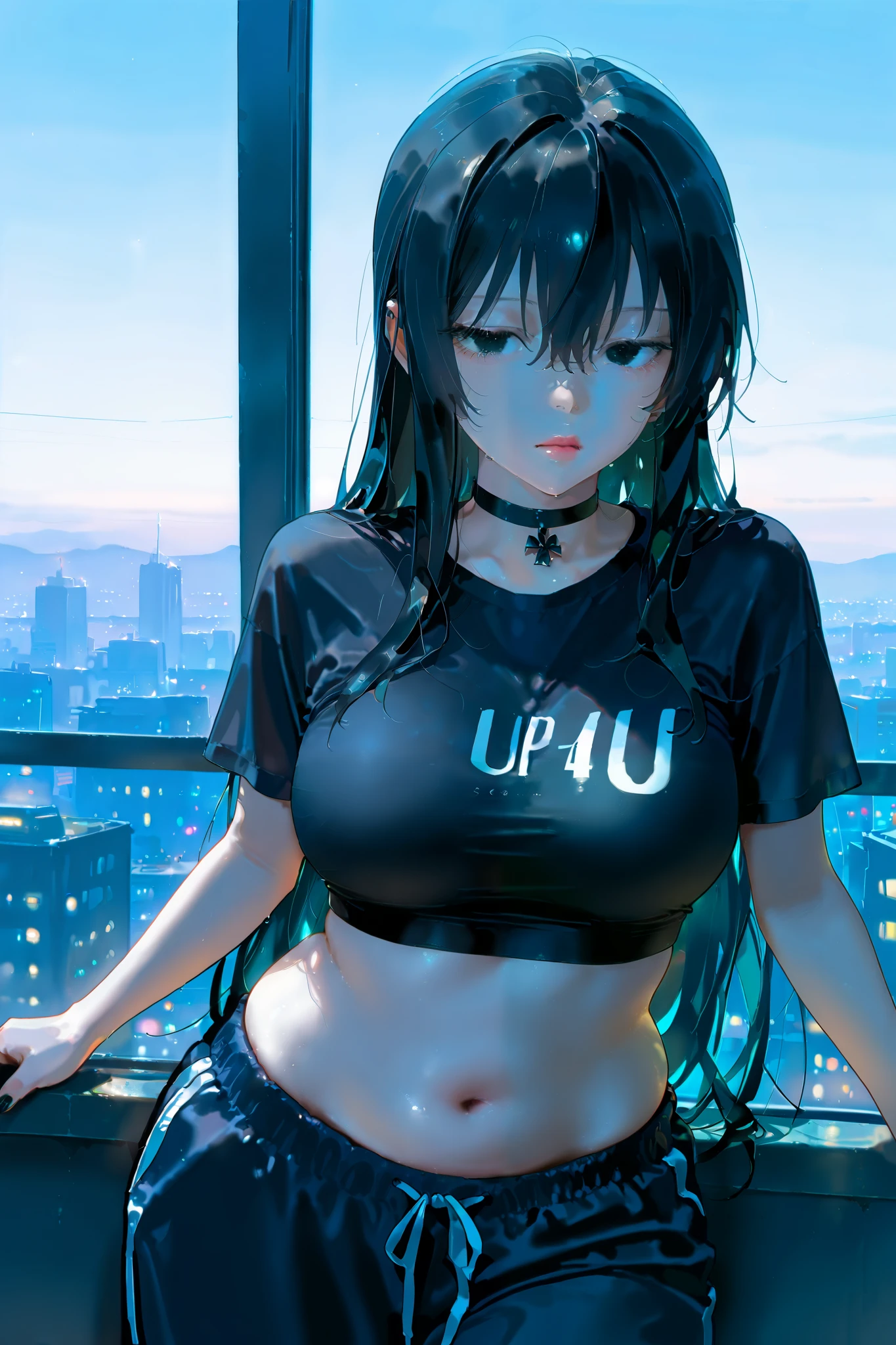 score_9, score_8_up, score_7_up, score_6_up, score_5_up, score_4_up, (masterpiece: 1.0), best quality, masterpiece, best quality, good quality, very aesthetic, absurdres, newest, Realistic Anime, female, light skin, crop t-shirt, long black hair, black sweatpants, plump lips, black choker, black nails, bored expression, detailed eyes, city setting,