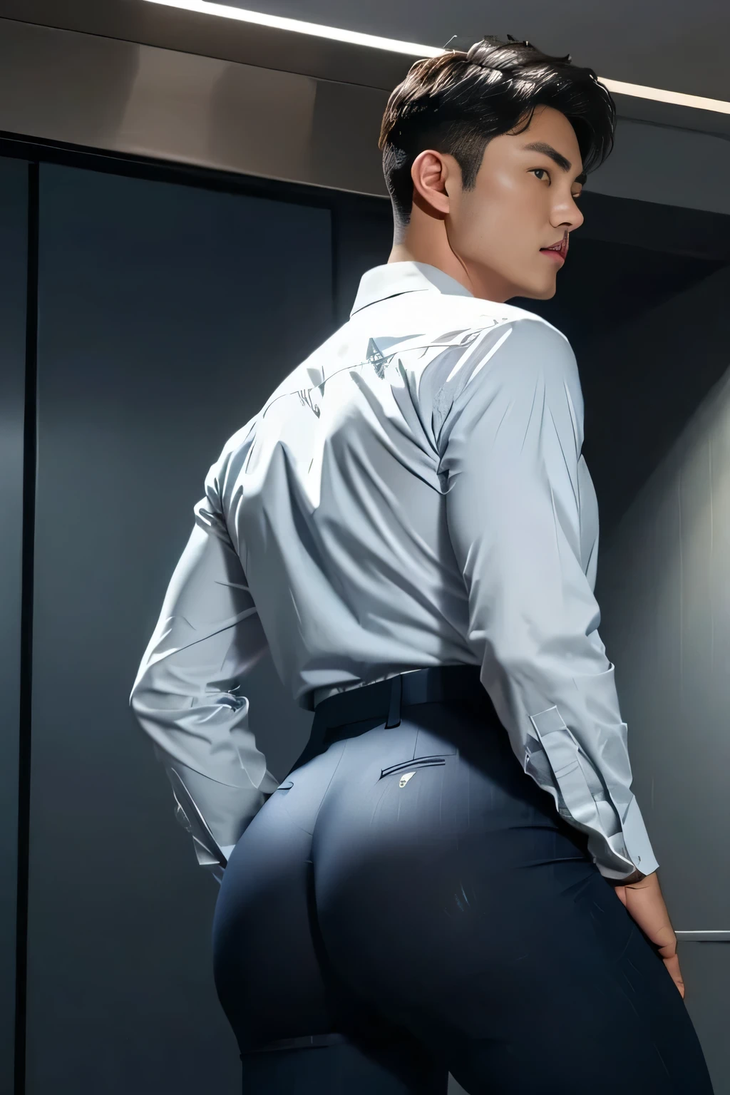 40-year-old boy ,Korean bulky male officer ,Wear navy blue police uniform shirt................ pinstripe navy blue smooth tight trouser, transparent pants obvious underwear print ,((unrealistic super big tight butt wearing pants)), legs wide open, legs on shoulder, missionary POV, men drooling ,8K,Cinematic lighting effects,Textured skin,best qualtiy
