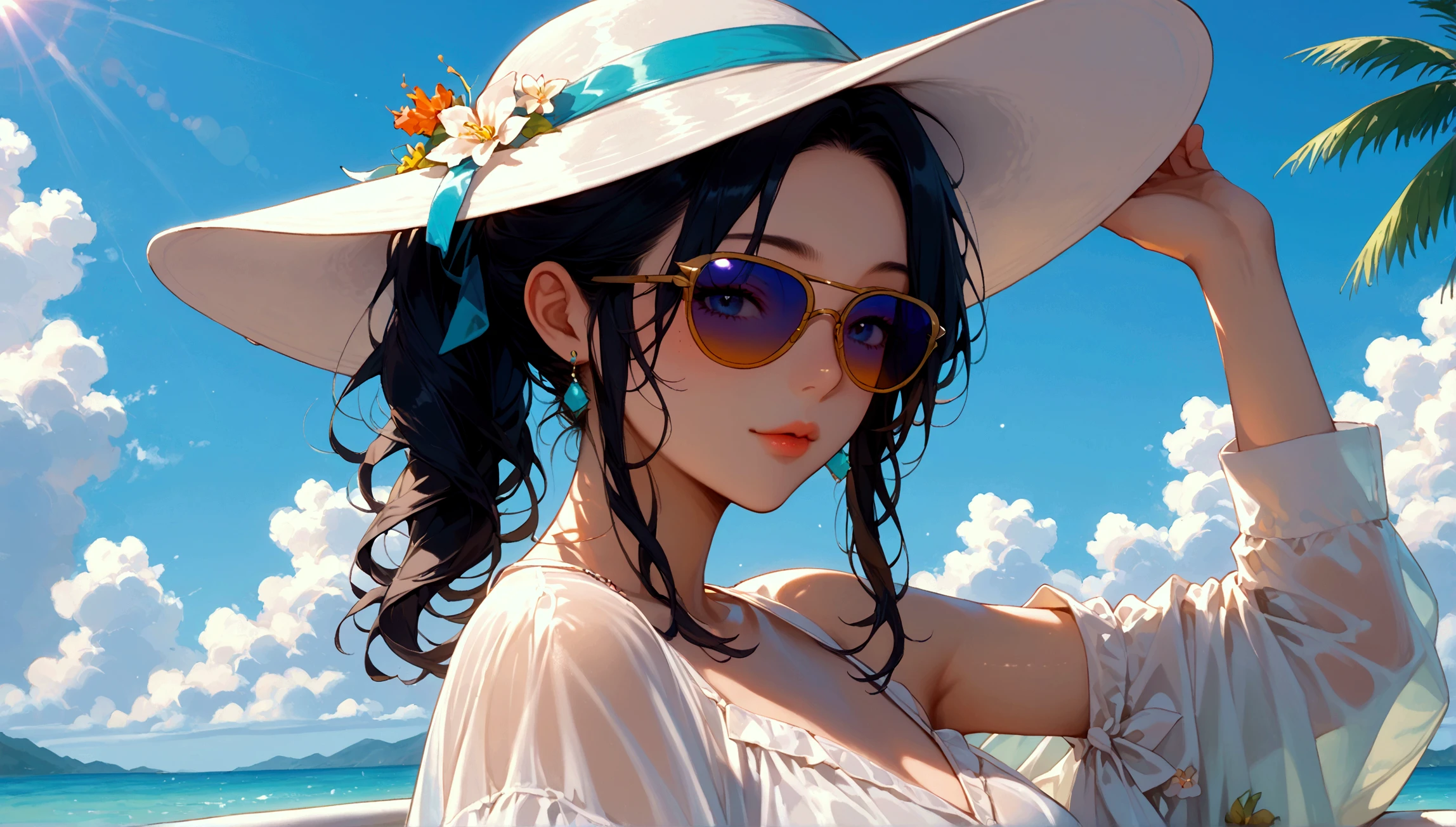 Highest quality、masterpiece、High sensitivity、High resolution、Detailed Description、Slender women、Glasseini dress、Tropical Beach、A strong wind is blowing、