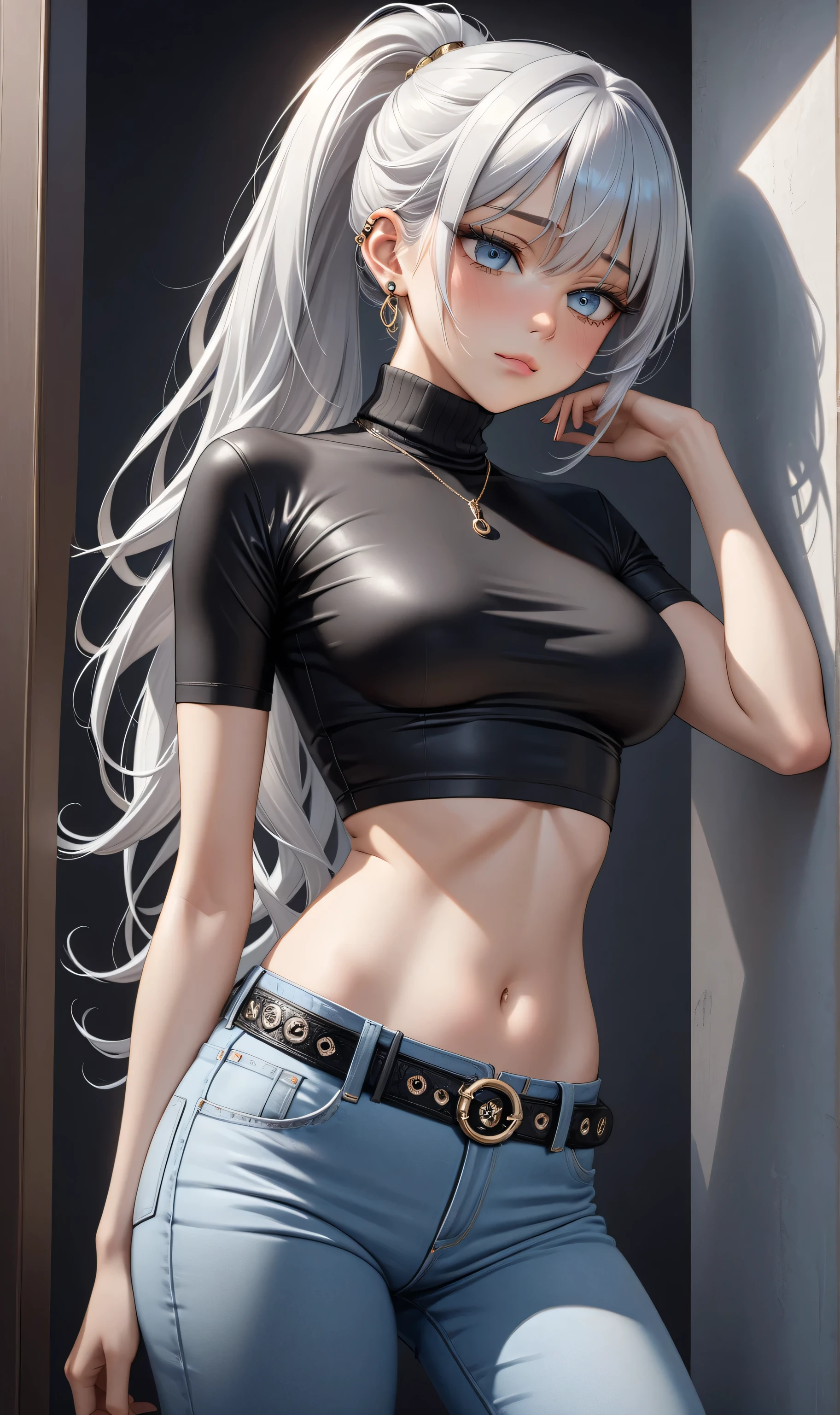 , Random pose, ((Ultra detailing)), (very aesthetic, best quality, ultra detailed), intricate details, 1girl, silver hair, silver eyes,((Detailed eyes)), ((Beautifull eyes)), ((prefect eyes)), long hair, ponytail, , Medium breasts, shy, Licking her lips, Blush ,(Wearing Turtle neck, Crop top, Women belt, jeans pants, ear ring, neckless)