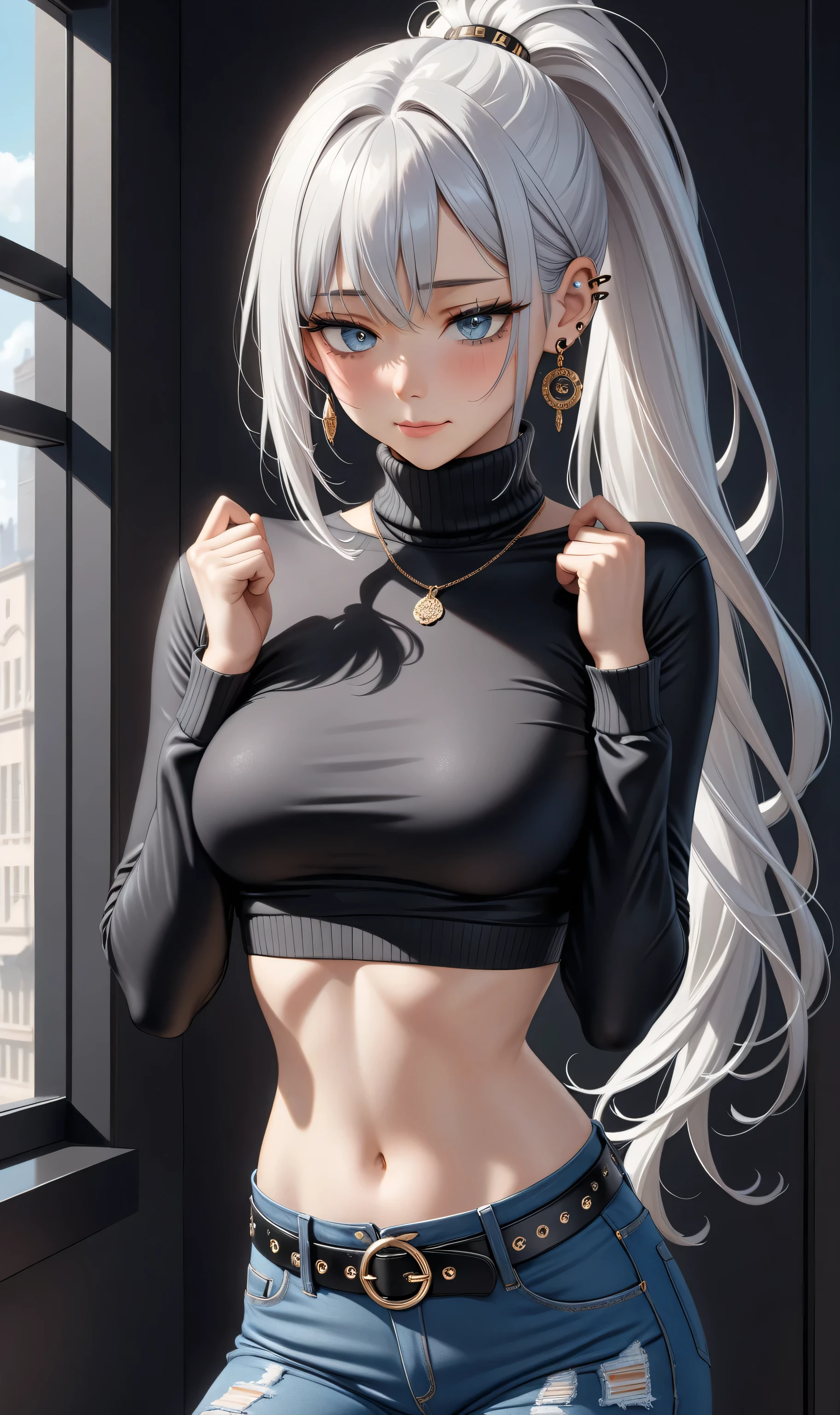 最high quality、best image quality、masterpiece、girl((20-year-old、 By becoming、vest bust、medium bust,wide open breast tea、shining eyes, silver hair、long hair、thin,highest valley、black sports bra、black sports pants、shoulder tattoo,diamond earrings、Wristband、black jacket)),high quality、beautiful art、background((Beautiful hotel room,table、serial、milk))、Flight、debris flies、Depth of written boundary、movie、visual art、perfect art、8K,genuine、Dynamic Performance
