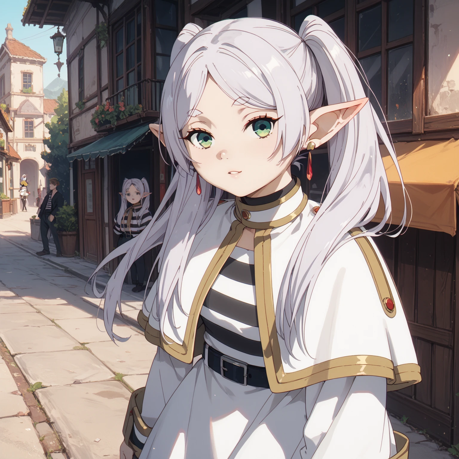 frieren, <lyco:frieren-lyco-nochekaiser:1>,
frieren, long hair, twintails, (green eyes:1.5), grey hair, pointy ears, elf,
BREAK shirt, long sleeves, jewelry, pantyhose, earrings, striped, black pantyhose, capelet, striped shirt,
BREAK looking at viewer, upper body, full body,
BREAK outdoors, sky, nature,
BREAK <lyco:GoodHands-beta2:1>, (masterpiece:1.2), best quality, high resolution, unity 8k wallpaper, (illustration:0.8), (beautiful detailed eyes:1.6), extremely detailed face, perfect lighting, extremely detailed CG, (perfect hands, perfect anatomy),