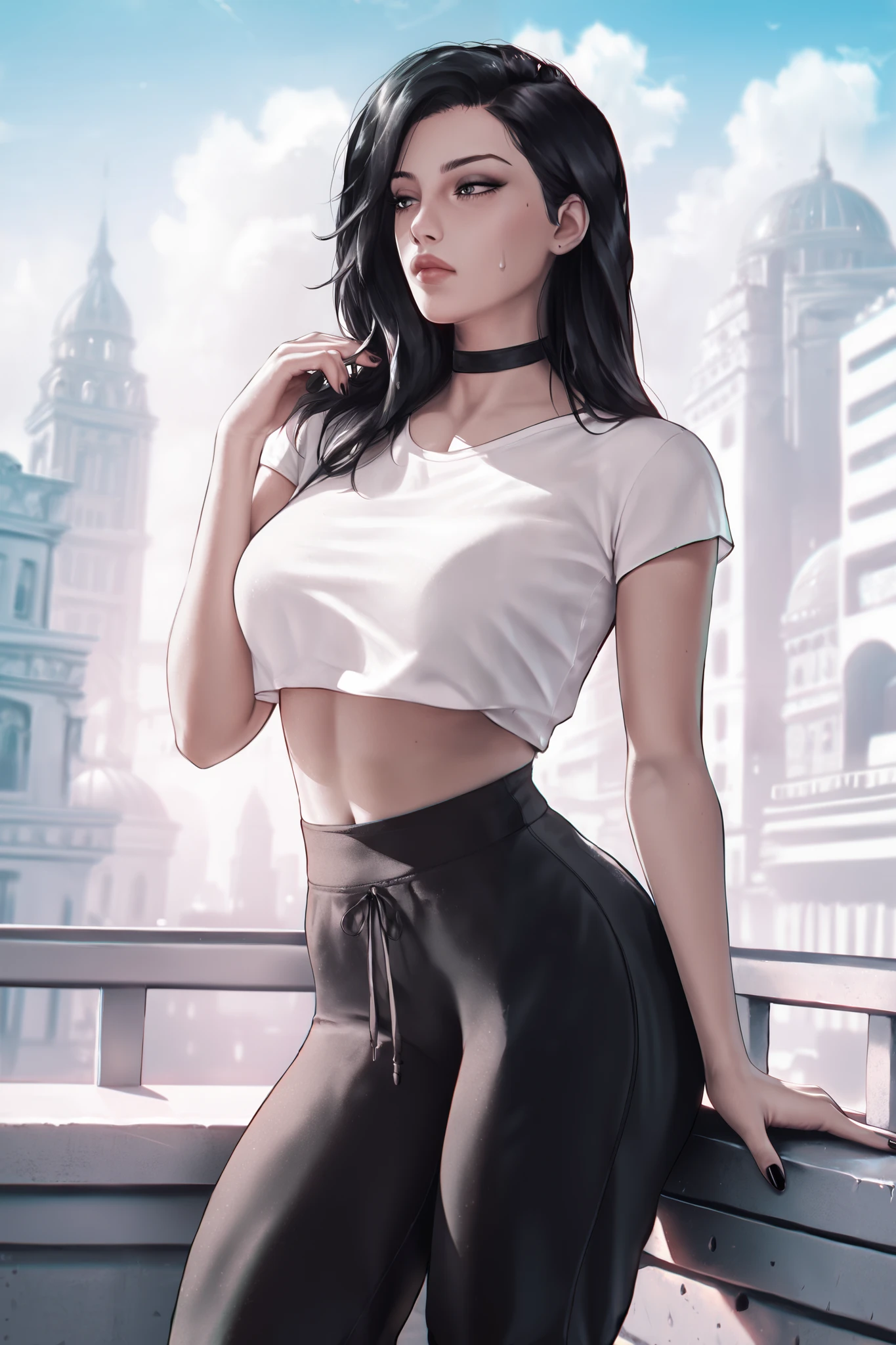 score_9, score_8_up, score_7_up, score_6_up, score_5_up, score_4_up, (masterpiece: 1.0), best quality, masterpiece, best quality, good quality, very aesthetic, absurdres, newest, Realistic Anime, female, light skin, crop t-shirt, long black hair, black sweatpants, plump lips, black choker, black nails, bored expression, detailed eyes, city setting, monochrome, greyscale