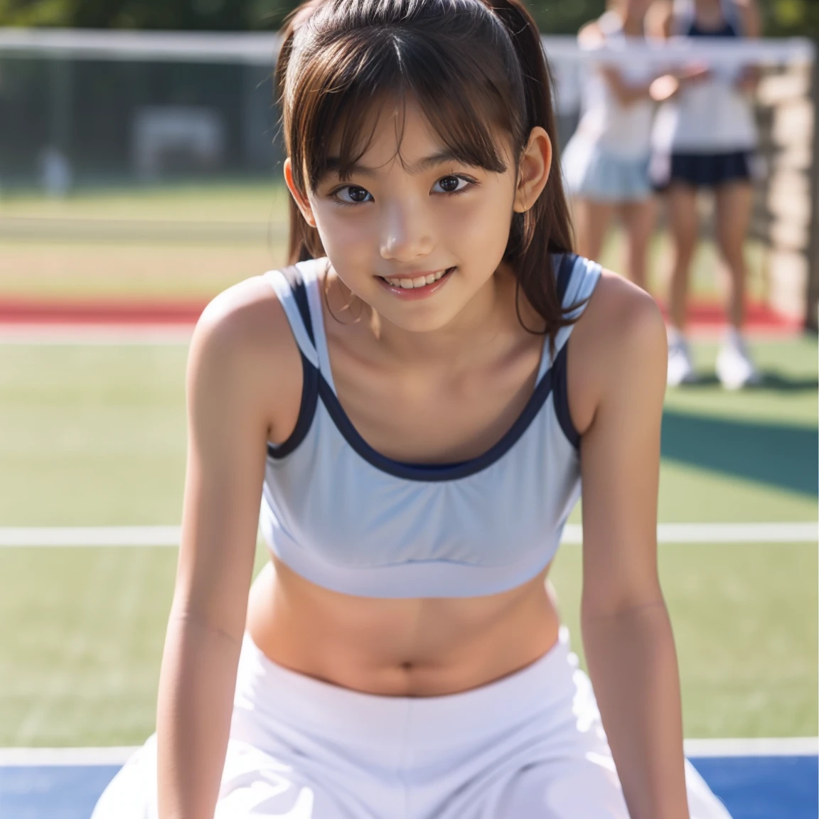 5 sweet innocent tween girls, wearing tennis outfit with skin tight white shorts, (tiny chest), slender, Delicate body, kneeling, (Black Long Hair), disheveled hair, Shiny skin, Beautiful pink eyes, shiny eyes, Affectionate smile, Seductive smile, Blush cheeks, tennis court,