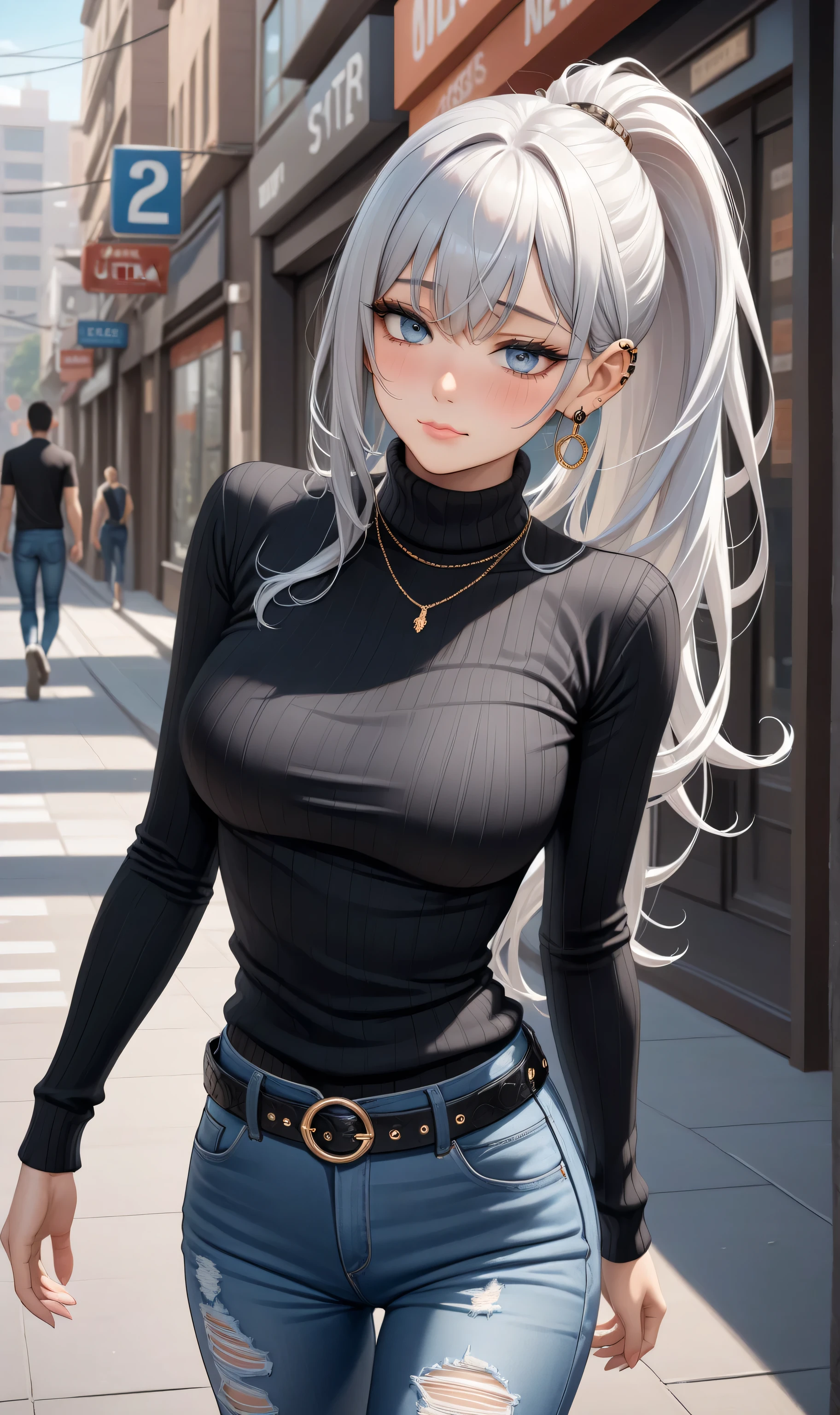 arte oficial, papel de parede 8k da unidade, ultra detalhado, handsome and aesthetic, lindo, vista do local, pernas abertas, cabelo longo, curto, seios grandes, uma menina, pernas grossas, cabelo liso, hinata, hyuuga hinata, olhos vazios, olhos brancos , pupila branca, quadril largo, barriga de fora, denim trousers, brassier, seios para fora, tight jeans, blusa preta, ombros de fora