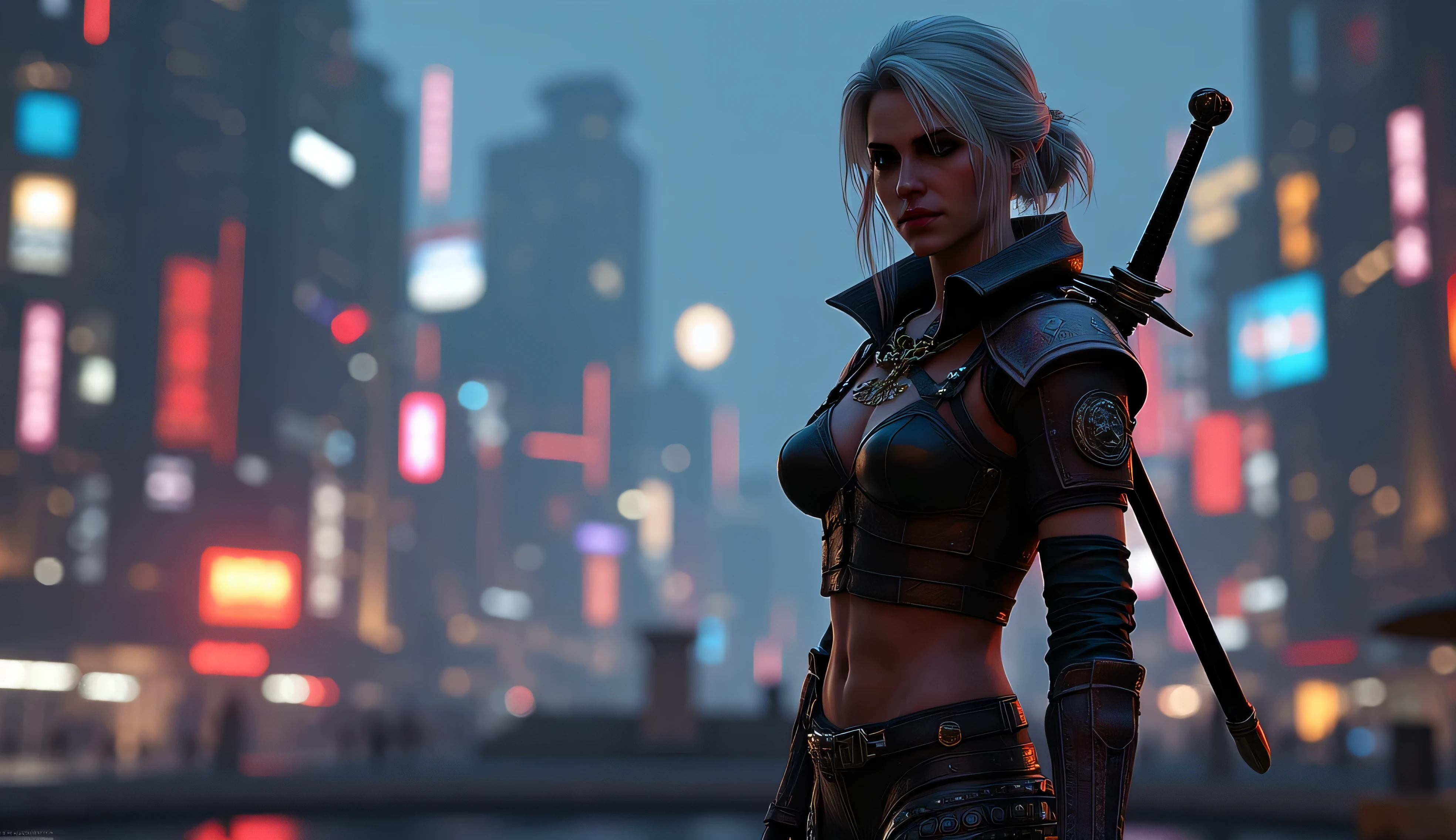 realistic photo, Ciri from the Witcher 3 , smiles slyly, very high (the giantess), long strong legs , Big breasts , sexy cyberpunk clothes , athletic build, two swords behind , full-length photo , stands and looks into the distance at Nightcity with cyberpunk 2077, photo in great detail . Subjective camera
