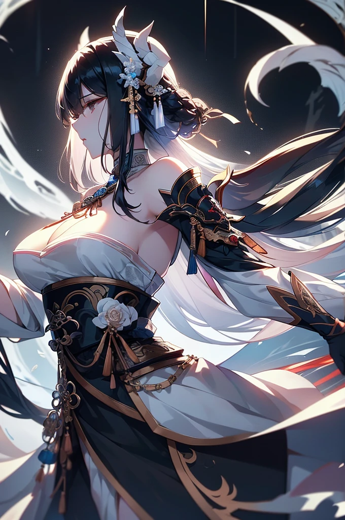 work of art, best qualityer, ultra epic details, White hair, white eyelashes,gray eyes, greatsword, surrounded by a giant Chinese dragon
