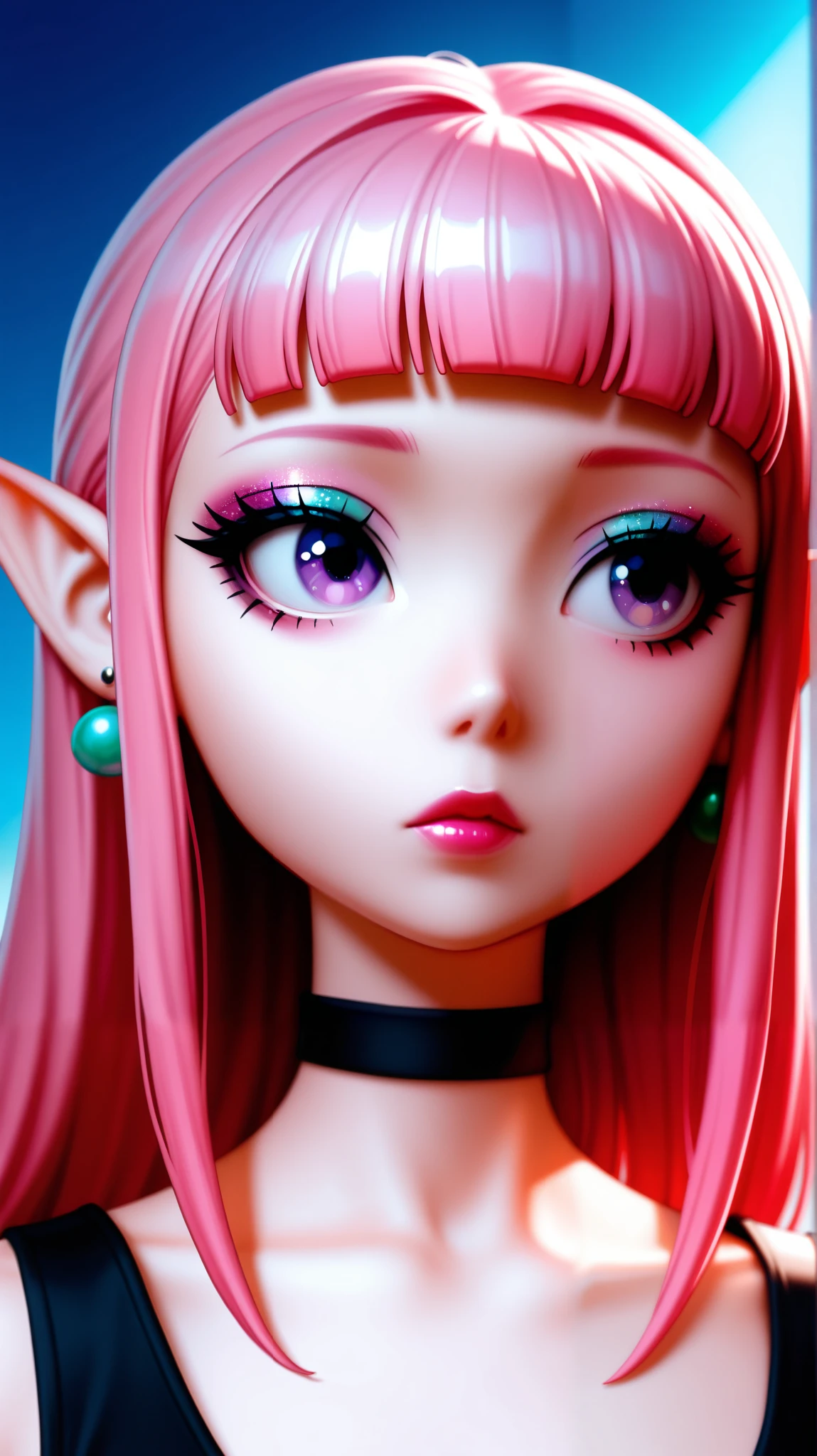 80’s glam rock makeup on shiny android face, anime, 2.5D, Glittery face, moody lighting, (purples, pinks, and blues), iridescent face, abstract ai model with elf ears, pretty, sexy, minimal, sleek, slender, asian, elegant, chic, futuristic, retro, sophisticated half human half machine, close up face portrait,
