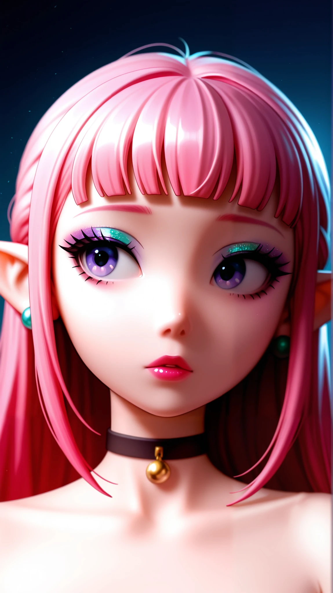 80’s glam rock makeup on shiny android face, anime, 2.5D, Glittery face, moody lighting, (purples, pinks, and blues), iridescent face, abstract ai model with elf ears, pretty, sexy, minimal, sleek, slender, asian, elegant, chic, futuristic, retro, sophisticated half human half machine, close up face portrait,