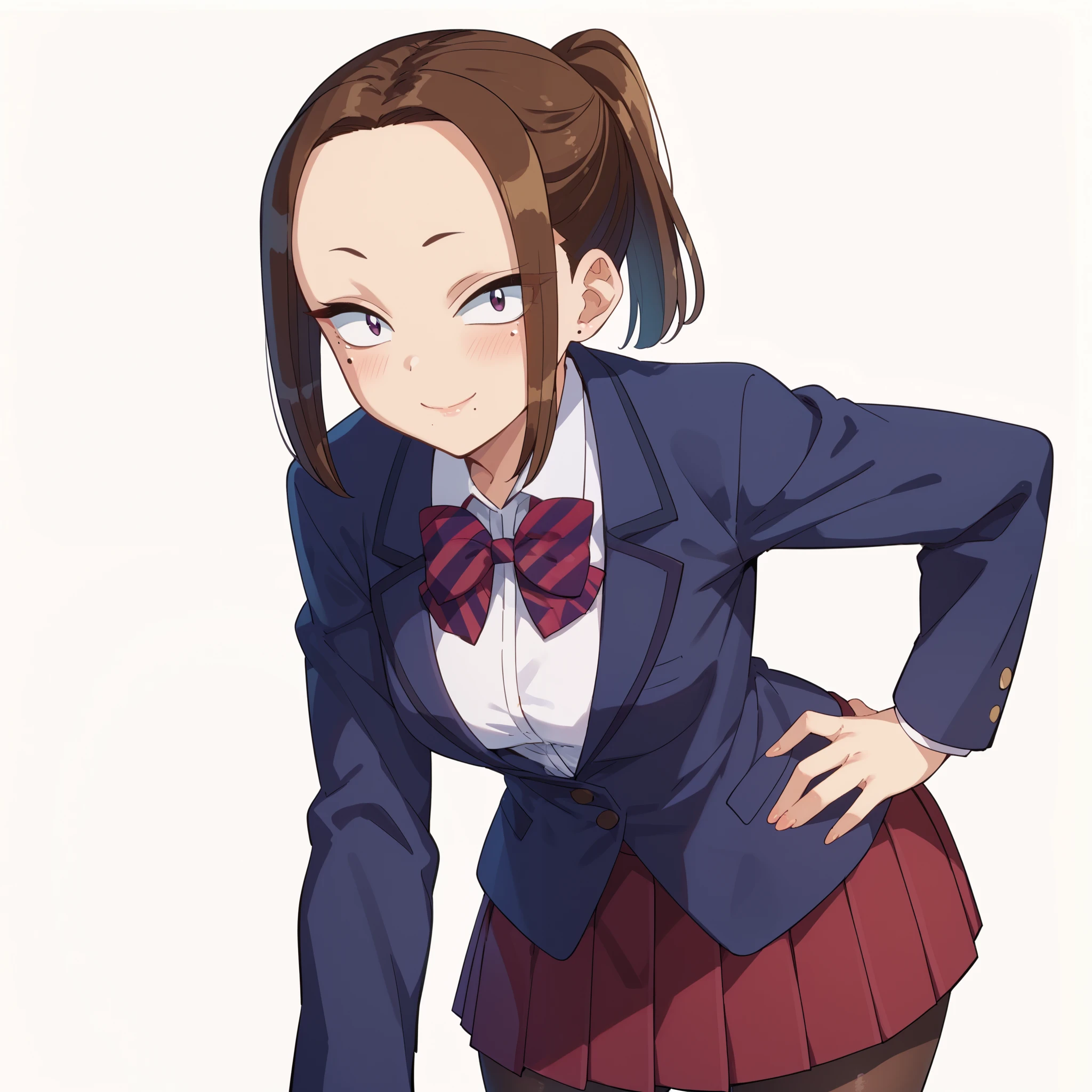 1girl, solo, nene onemine, brown hair, ponytail, mole, mole under eye, mole under mouth, short hair, medium breasts, wide hips, thick thighs, skirt, shirt, long sleeves, bow, school uniform, jacket, white shirt, pantyhose, pleated skirt, striped, collared shirt, bowtie, red skirt, blazer, blue jacket, striped bow, striped bowtie, blushed, smile, hand on hip, leaning forward, looking at viewer, simple background, from the front view