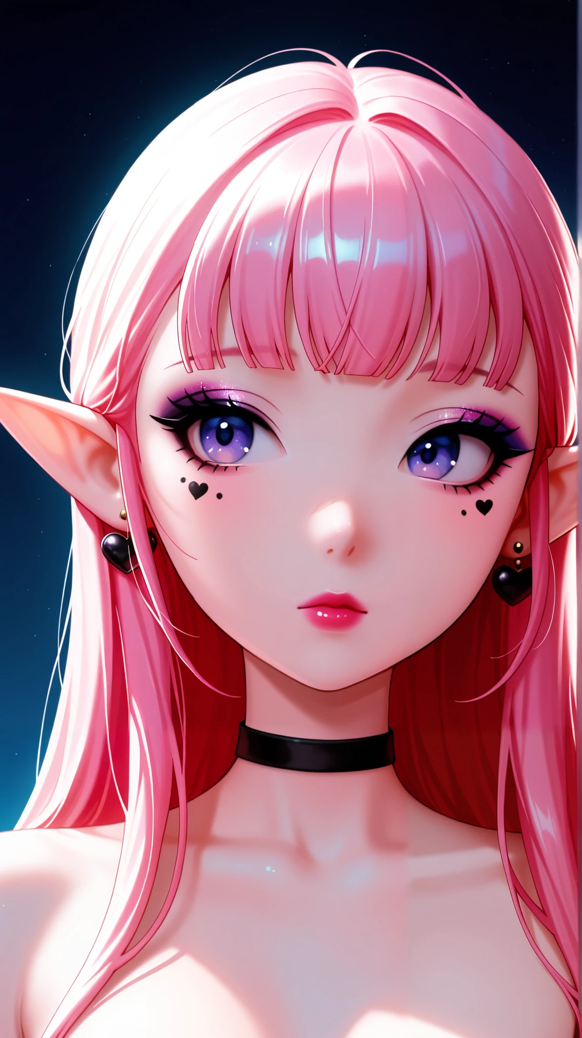 80’s glam rock makeup on shiny android face, anime, 2.5D, Glittery face, moody lighting, (purples, pinks, and blues), iridescent face, abstract ai model with elf ears, pretty, , minimal, sleek, slender, asian, elegant, chic, futuristic, retro, sophisticated half human half machine, close up face portrait,