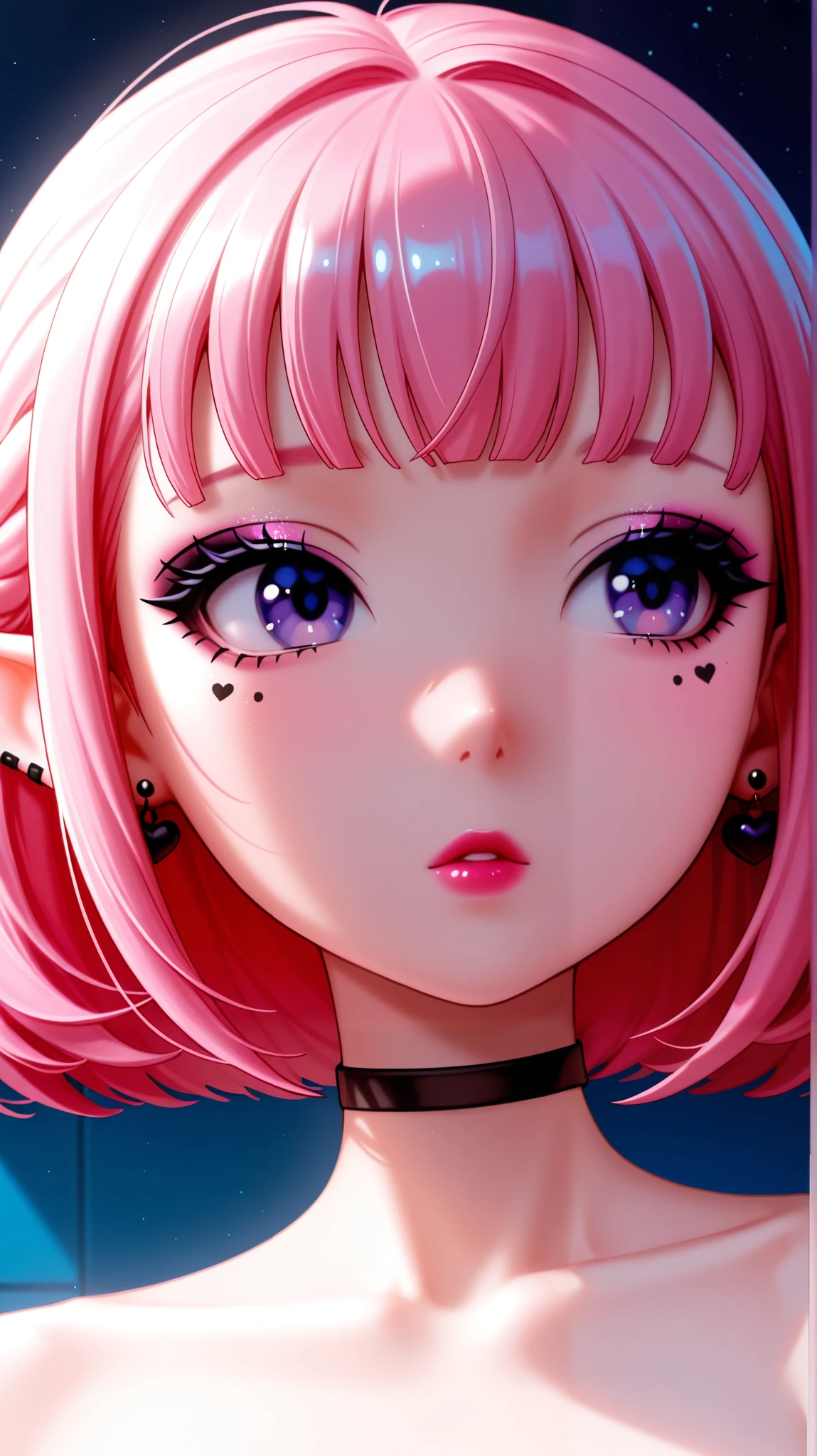 80’s glam rock makeup on shiny android face, anime, 2.5D, Glittery face, moody lighting, (purples, pinks, and blues), iridescent face, abstract ai model with elf ears, pretty, sexy, minimal, sleek, slender, asian, elegant, chic, futuristic, retro, sophisticated half human half machine, close up face portrait,