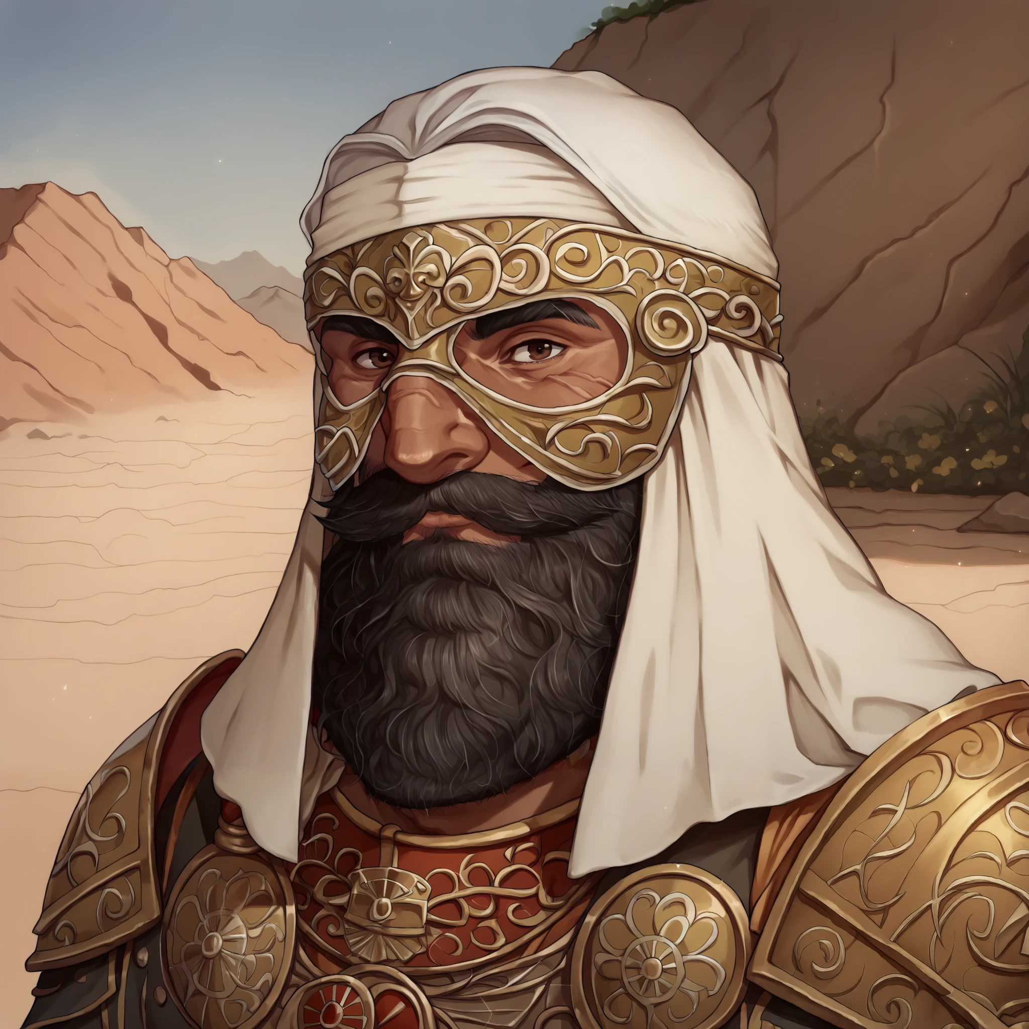 (((beautiful, high quality, comics style, detailed face))), score_9, score_8_up, score_7_up, BREAK, upper body, solo, 1man, (Dwarf, short stature, big nose), ((mature male, wrinkles)), ((dark skinned, +tanned)), (black beard, long dwarf beard, curly beard, brown eyes), ((roman lorica armor, silver armor:1.5)), smiling, BREAK desert, fantasy background, DeepNegative_xl_v1, detailxl, zPDXL3, detailxl, ((venetian mask:1, silver mask)), (wears a white headscarf, ghutra)