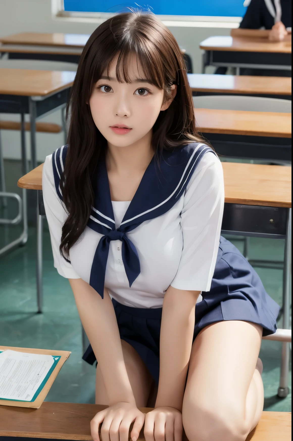  1 girl、 the navy blue sailor suit 、Big Breasts、classroom、study、 sitting at a desk 