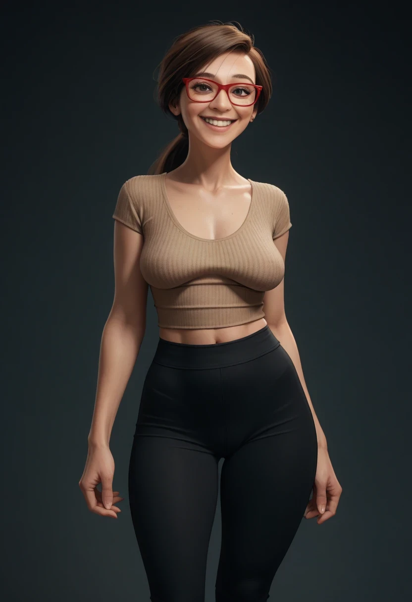 score_9, score_8_up, score_7_up, score_6_up, score_5_up, score_4_up, 1girl, Ji_llA, red framed eyewear, ponytail, medim saggy breasts, older woman,standing, front view, sexy pose, content look, tight pants, happy, hands above the head
