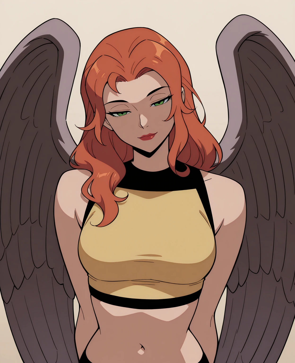(masterpiece), (best quality), absurdres, highres, hg1, 1girl, solo, long hair, navel, midriff, green eyes, wings, crop top, red lips, orange hair, looking down, half-closed eyes, light smile, looking at viewer, arms behind back, looking at viewer, head tilt,