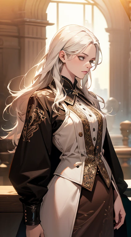 Detailed illustration in anime style. A young woman with long, flowing platinum blonde hair. An intense, seductive expression with piercing red eyes. A slight blush on her cheeks. She wears an elegant, form-fitting white outfit with an intricate golden pattern. The outfit includes a backless, long-sleeved top and high-waisted pants. Elbow-length black gloves. In her right hand she holds a red dagger, near her waist. Her left hand is relaxed at her side. Her body is posed with her body facing backwards, looking over her shoulder. Her posture is confident and poised. Large red earrings that match her eyes. Overall, the look is fierce and elegant, with a strong emphasis on the intricate details and glittering elements of the clothing.