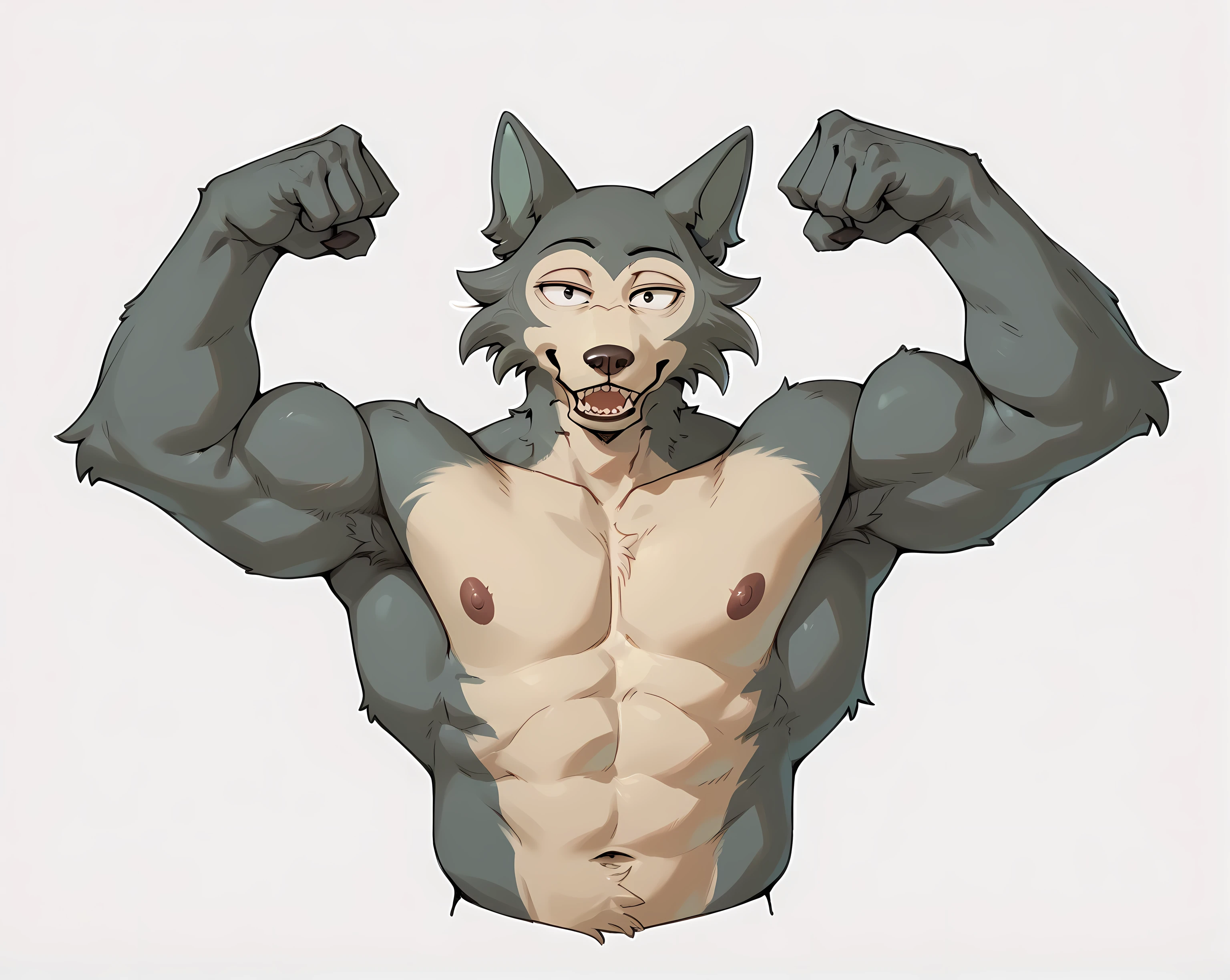 l3gosh1, beastars, male, solo, wolf, muscular, athletic, masculine, looking at viewer, half body, posing, flexing biceps, (small eyes), flat color, simple background, happy,