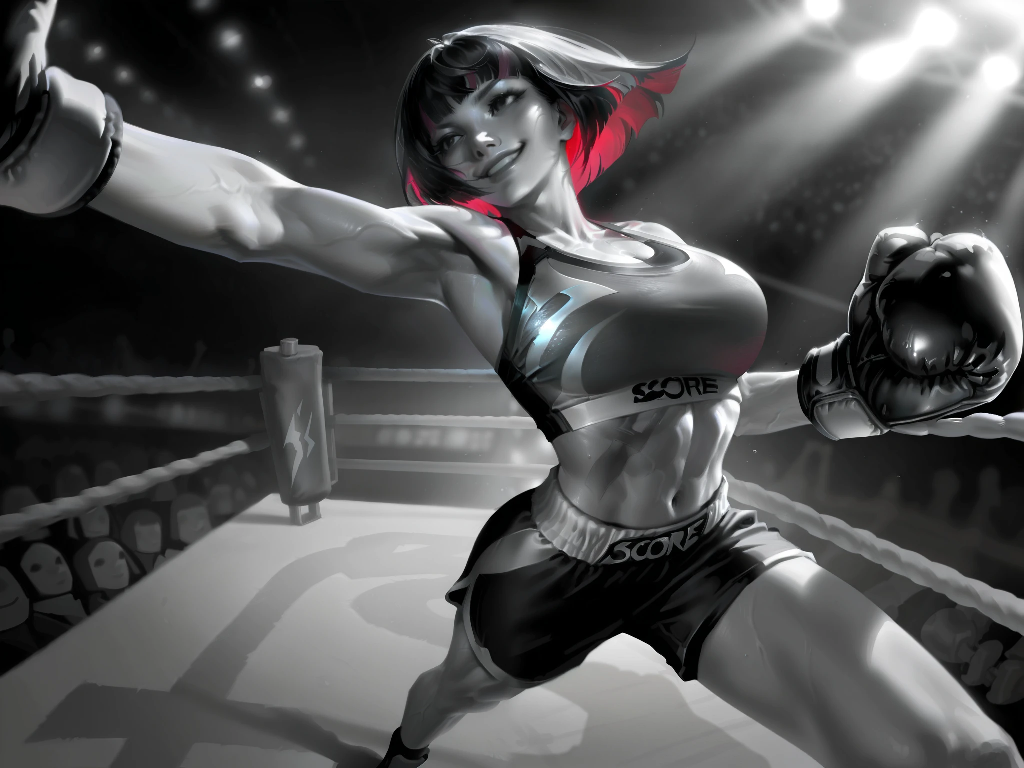 score_9, score_8_up, score_7_up, score_6_up, score_5_up, score_4_up, (masterpiece: 1.0), best quality, masterpiece, best quality, good quality, very aesthetic, absurdres, newest, Realistic Anime, L0LSPL4SH, 1girl, fit, slim, athletic, light colored hair/black hair, blunt bangs, huge breasts, defined abs, defined muscles, black eyes, big eyes, bob cut hairstyle, wide smile, lineart, line art, monochrome, greyscale, bounce light, hyperdetailed, veins, detailed hair strands, detailed fibers, BREAK sports bra, sports shorts, boxing gloves, foreshortening, dynamic pose, depth of field, boxing ring background, audience background, dark background