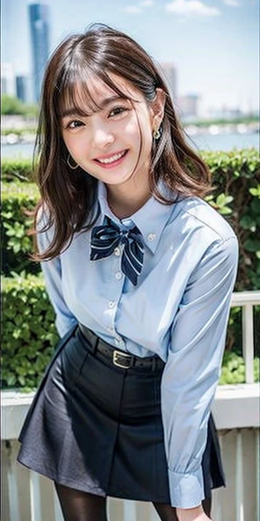 Masterpiece, highest quality, 8k, 15 years old, Japanese girl, twintails, raw photo, absurdity, award-winning portrait, smile, smile, solo, school uniform, summer uniform, idol face, violace, gardenia, delicate girl , long black hair, dark eyes, upper body, DSLR, looks at the viewer, candid, sophisticated, youthful, thin arms, professional lighting, film grain, chromatic aberration, (eye and face details: 1.0), (bokeh) Taste: 1.1)