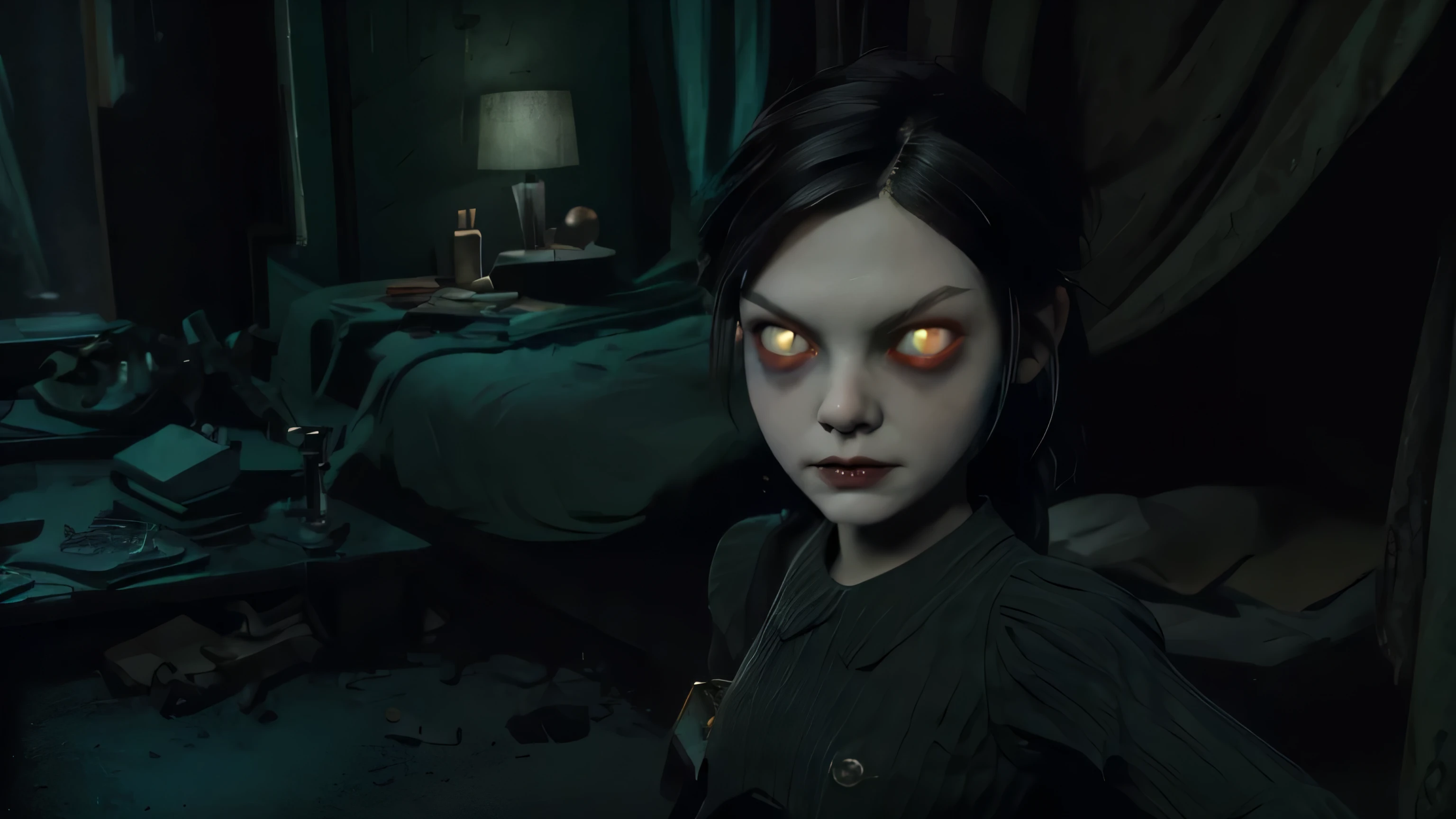 masterpiece, High definition, image of the beautiful cyberpunk Mila Kunis the Goth Fairy, green eyes, black hair best quality , 8 k, best quality , super detailed,2girl, , 2girl, lilsis , filthy, Blood, pajamas undress, black hair , undress, horror \(topic\), glowing eyes , creepy , (bedroom:1.4)