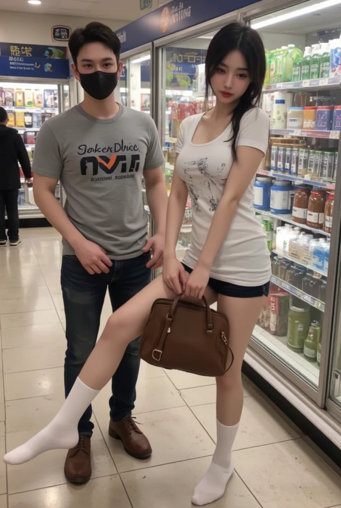 AI big breasts_human　Asian　male性　　male　wild　Short Hair　short hair　White T-shirt　　Hug her from behind　holding credit card
