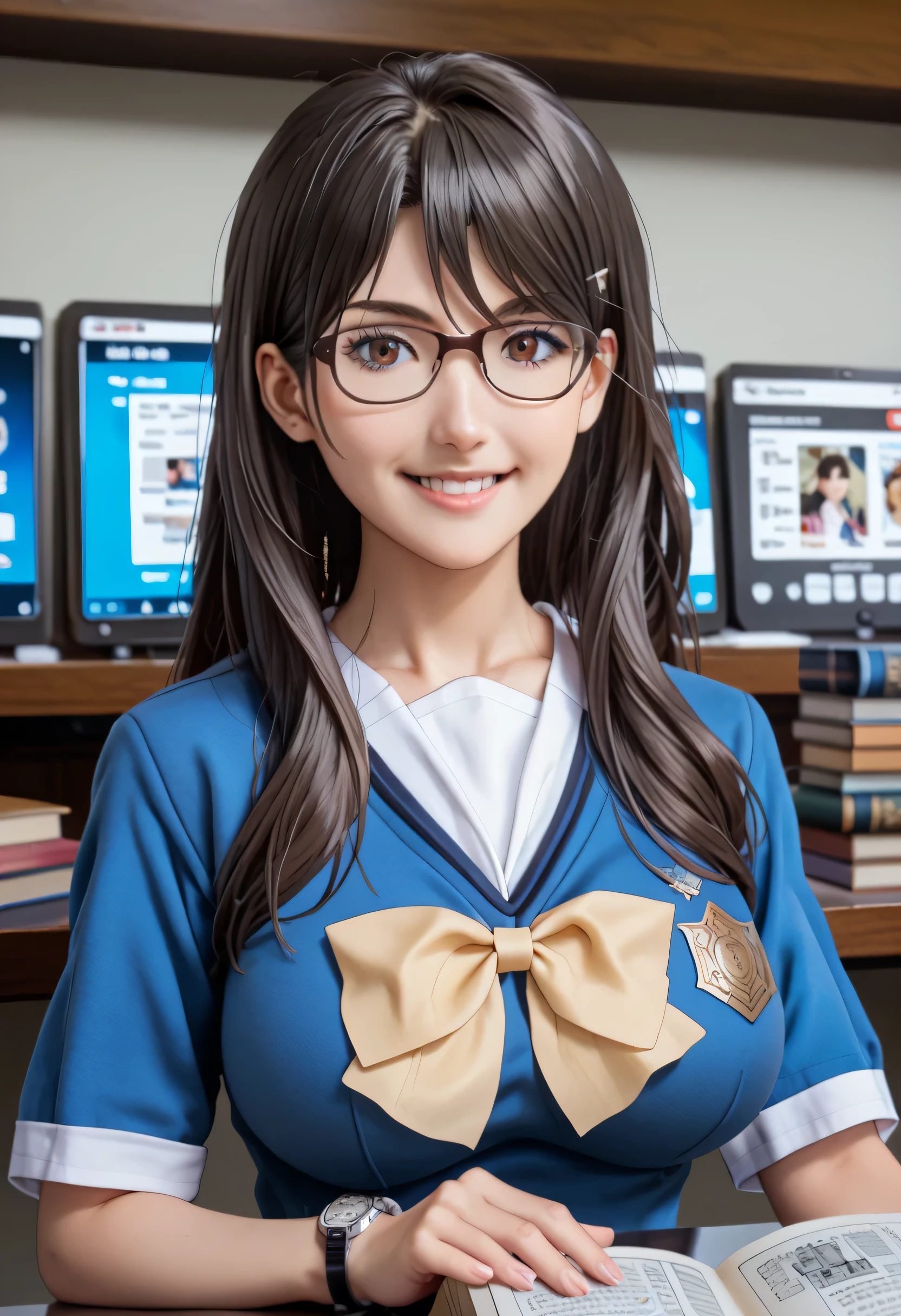 fukiyose seiri,toaru majutsu no index,core_9, score_8_up, score_7_up, score_6_up, score_5_up, score_4_up,clip skip:2,(masterpiece:1.3), (extremely detailed CG unity 8k wallpaper),top quality , amazing quality, high resolution, Absurd, very aesthetic, high resolution, (ultra detail), perfect detail, One Girl , 18 years old, bangs, beautiful hair,shiny hair,Watch Viewers , indoor, ( huge breasts) , thousand kronor, glasses, black hair, shorthair , dark eyes,vivid color,,Rimless Eyewear, school uniform, Short sleeve, yellow neckerchief , white shirt, shirt with shirt, bracelet , blue Sweater Vest, gray skirt, plaid skirt, pleated skirt , holding white socks , beautiful innocent girl with ankle socks , loafers without pants, ( upper body:1.2), ( older :1.5), ( ANIME COLORING BOOK:1.5), ( anime screen capture:1.5), smile