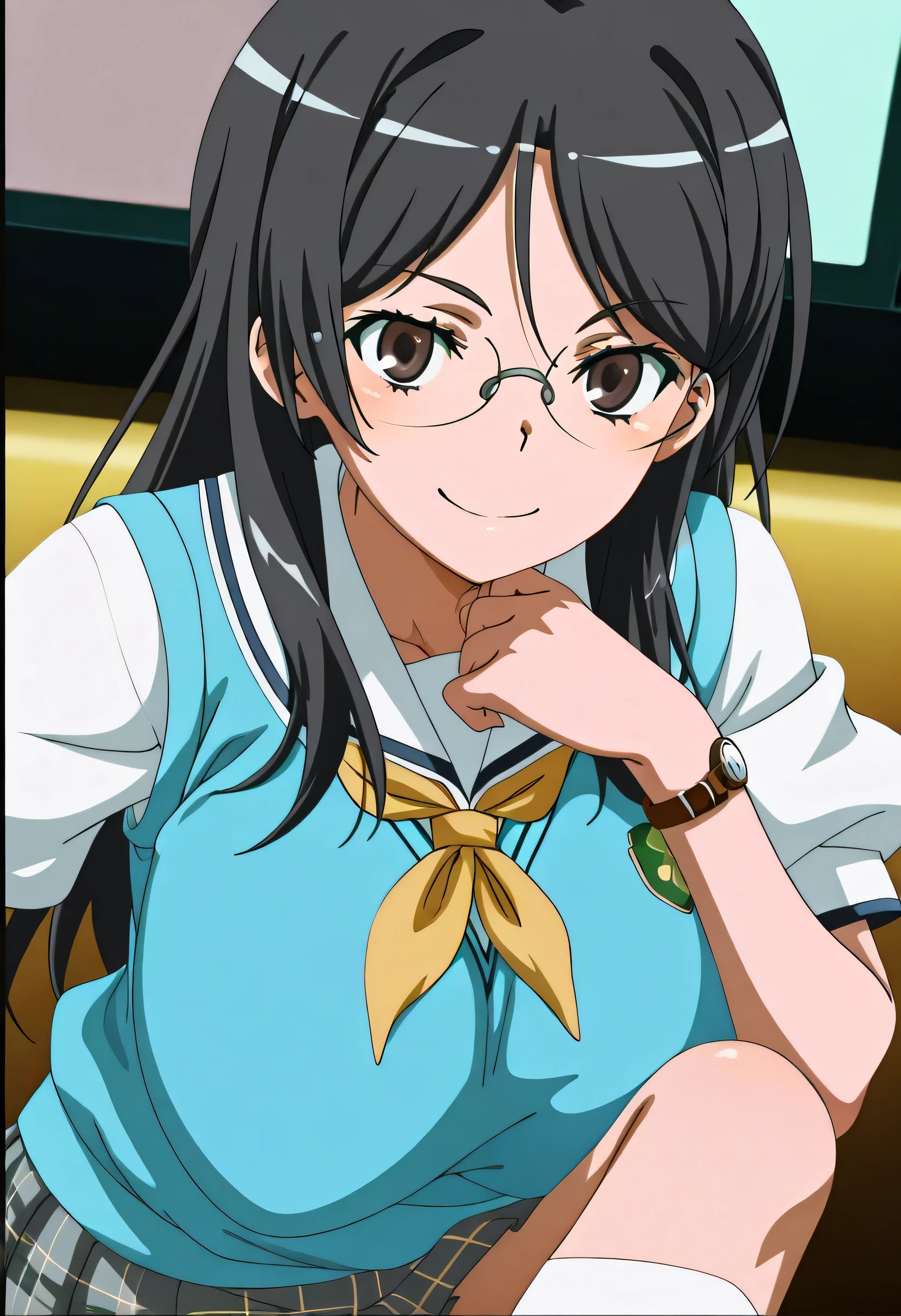 fukiyose seiri,toaru majutsu no index,core_9, score_8_up, score_7_up, score_6_up, score_5_up, score_4_up,clip skip:2,(masterpiece:1.3), (extremely detailed CG unity 8k wallpaper),top quality , amazing quality, high resolution, Absurd, very aesthetic, high resolution, (ultra detail), perfect detail, One Girl , 18 years old, bangs, beautiful hair,shiny hair,Watch Viewers , indoor, ( huge breasts) , thousand kronor, glasses, black hair, shorthair , dark eyes,vivid color,,Rimless Eyewear, school uniform, Short sleeve, yellow neckerchief , white shirt, shirt with shirt, bracelet , blue Sweater Vest, gray skirt, plaid skirt, pleated skirt , holding white socks , beautiful innocent girl with ankle socks , loafers without pants, ( upper body:1.2), ( older :1.5), ( ANIME COLORING BOOK:1.5), ( anime screen capture:1.5), smile