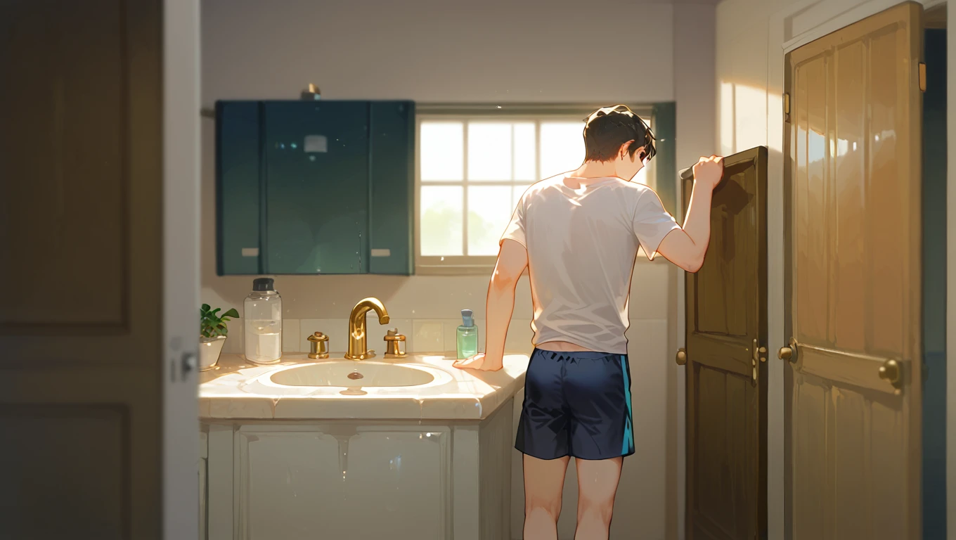 In the morning toilet, a slender and mascular young man in his tighty whities is peeing himself. He couldn't hold his pee. He is holding his crotch to stop peeing but his pee is leaking out from his white briefs, and it is making a pee puddle at his feet, his pants around his crotch gets wet because of his pee. He looks embarrassed. Anime