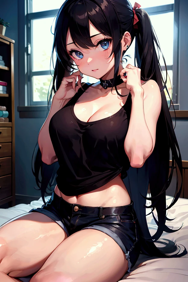 realistic image, coherent image, detailed image, 1 beautiful elf, She has black hair, long, silky hair, devil horns, turquoise eyes, she has earrings. Her face is oval and delicate, smiling. She is wearing a long-sleeved sweater, showing her navel, and ripped shorts. She has a curvy body, small breasts, thick thighs, volumetric lighting, natural lighting,